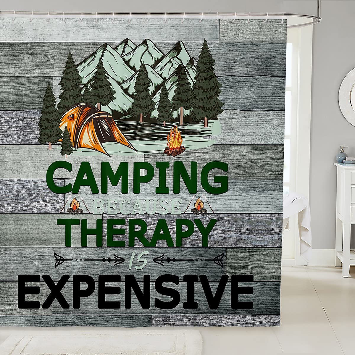 Rustic Farmhouse Camper Shower Curtain 72x84 Inches - Old Barn Door Design with Mountain Pine Tree Pattern for Camping & Bathroom Decor (Green, Includes Hooks) | Perfect for RV, Cabin & Outdoor Enthusiasts