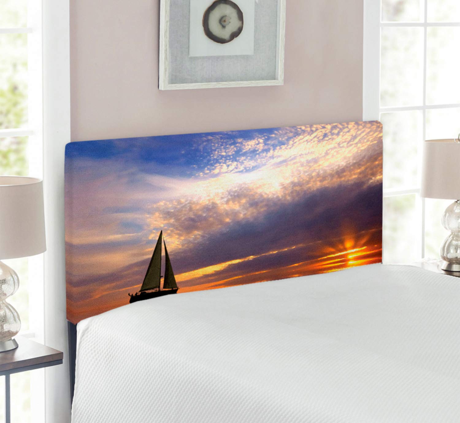 Ambesonne Sailboat Upholstered Headboard - Twin Size, Marigold Blue-Grey, Memory Foam Decorative Metal Bed Headboard with Sunset Sailing Scene - Perfect for Nautical Bedroom Decor, Romantic Honeymoon Suite or Coastal Themed Guest Room