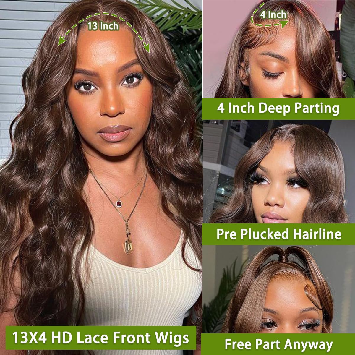 Brown Body Wave Lace Front Wig Human Hair 13x4 Transparent Lace Frontal - 180% Density Glueless Chocolate Colored Wigs for Black Women | Natural Look for Daily Wear, Parties & Special Occasions