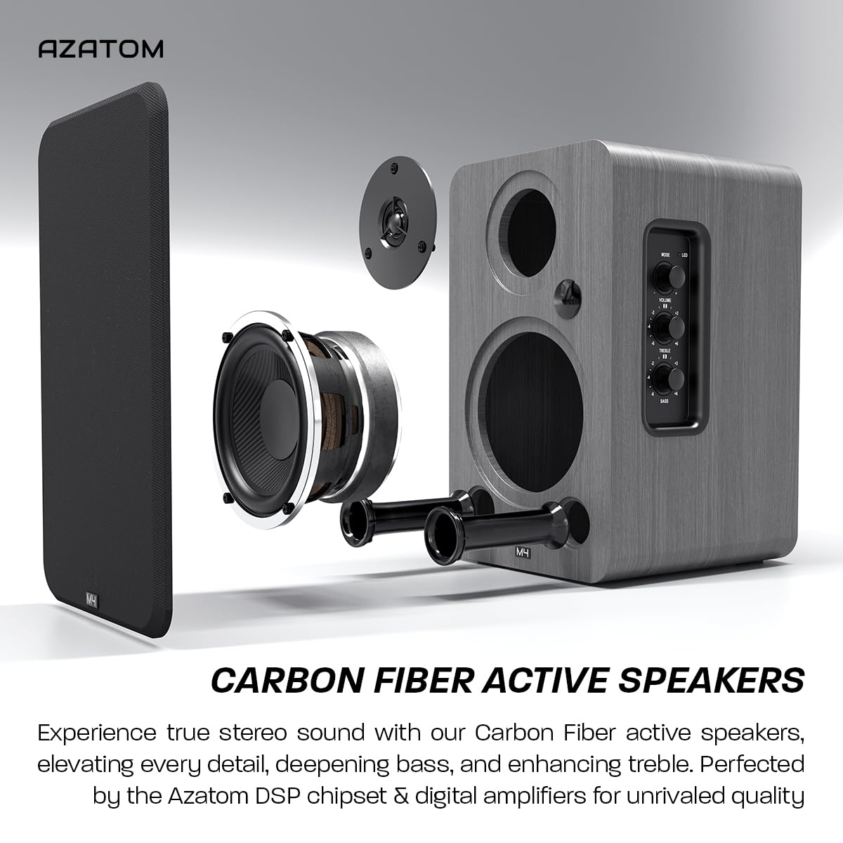 AZATOM Equinox 2 M4 Powered Bookshelf Speakers - 2.0 Active Bluetooth/Wired HiFi Audio System with 80W Output, Wooden Enclosure (Grey) - Perfect for Home Theater, Gaming, Vinyl Records, Music Streaming, PC & Laptop Sound Enhancement
