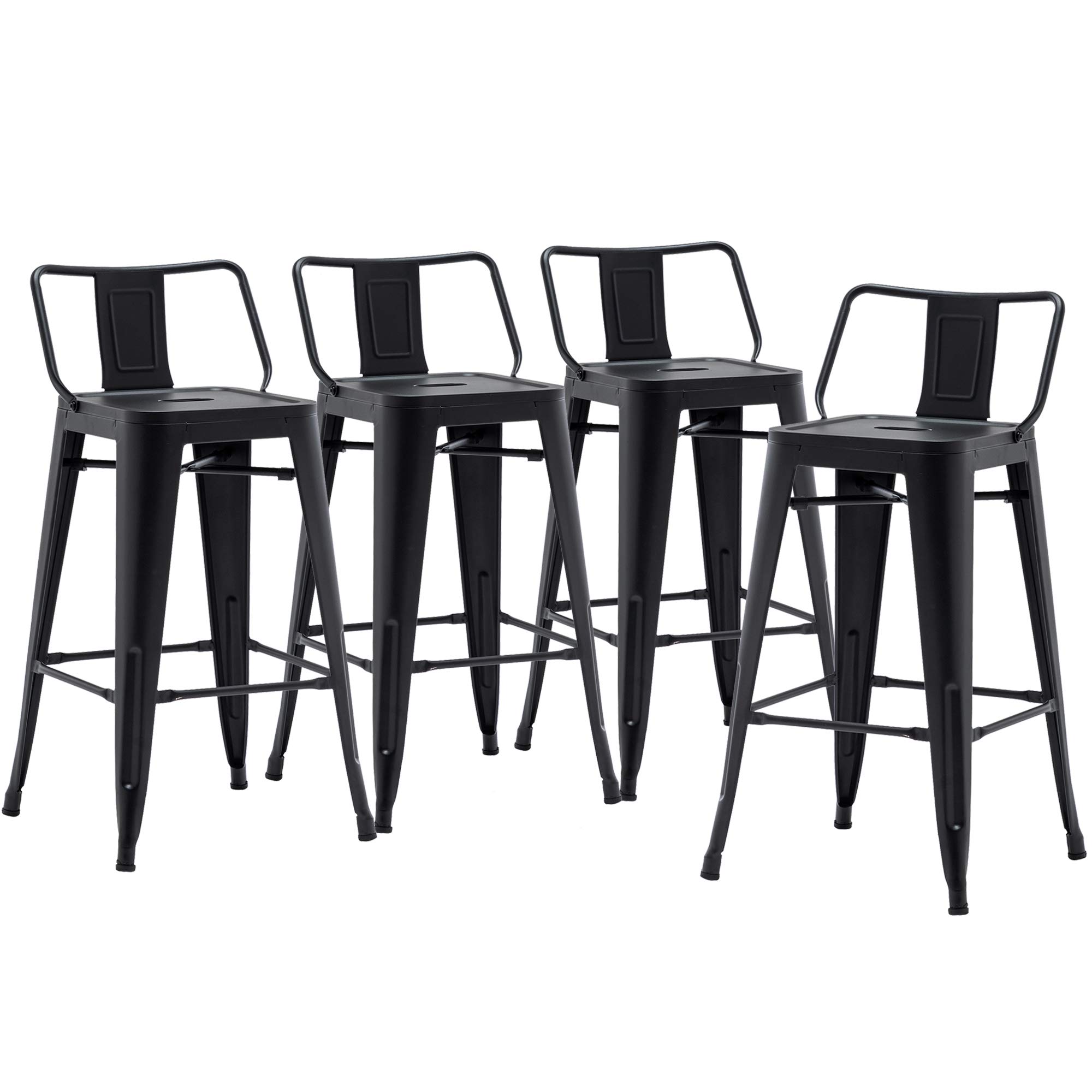 Yongqiang 24 Inch Metal Bar Stools Set of 4 - Matte Black Kitchen & Dining Counter Height Stools with Back Support - Perfect for Indoor, Outdoor, Bars, Restaurants & Home Kitchen Islands