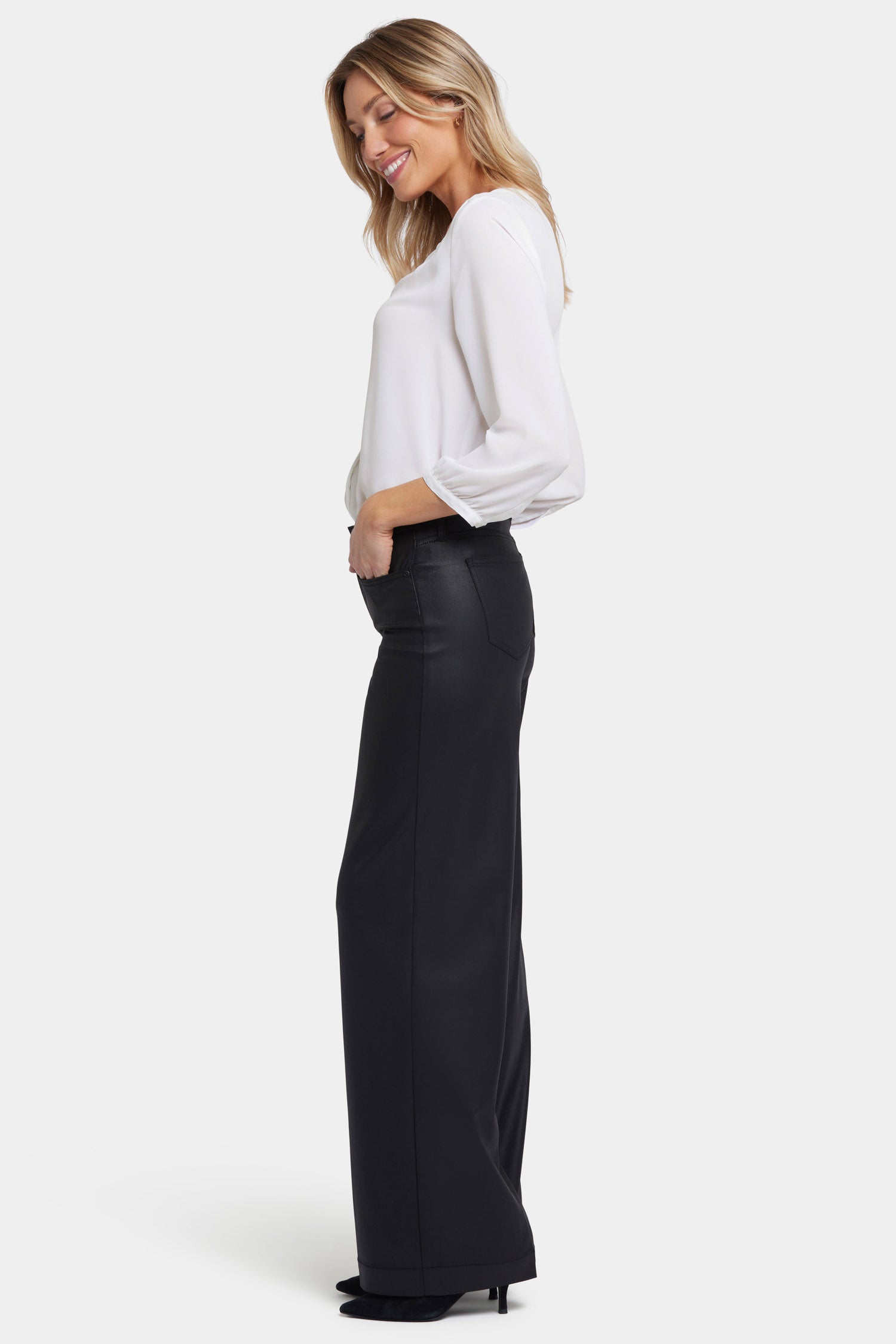 Coated Teresa Wide Leg Jeans for Women - High Waist Stretch Denim Pants in Black - Perfect for Casual Outfits, Office Wear & Night Out