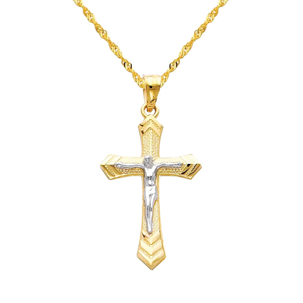 14K Two-Tone Gold Jesus Cross Religious Pendant with 1.2mm Singapore Chain Necklace - Elegant Christian Jewelry for Women & Men - Perfect for Baptism, Confirmation & Daily Wear