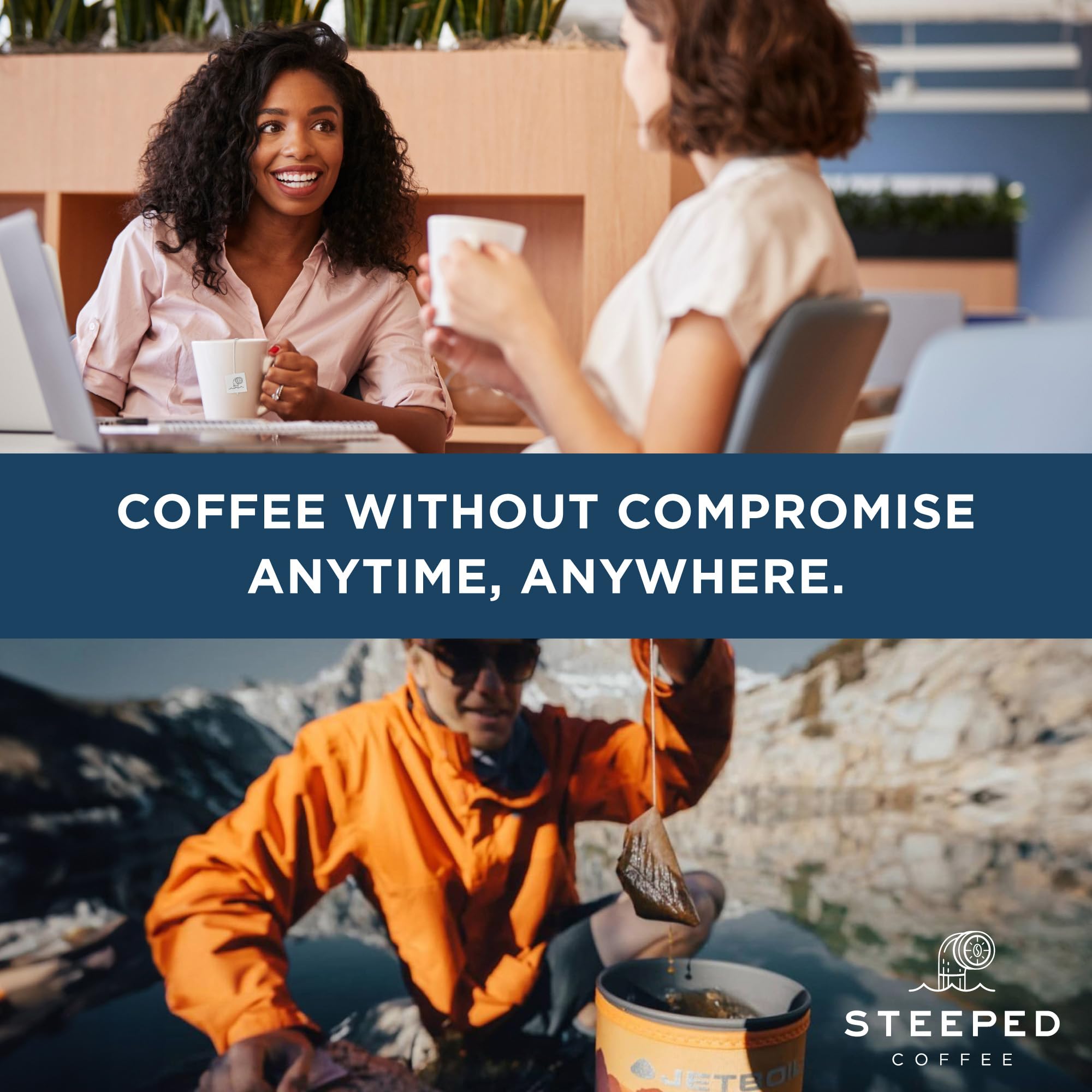 Steeped Coffee Tea Bags - Single Serve Organic Coffee Pouches | Eco-Friendly, Hand Roasted Fresh Ground Coffee | Instant Brew Just Add Water | Travel Size Variety Pack (8 Count) - Perfect for Camping, Office & On-the-Go Coffee Lovers