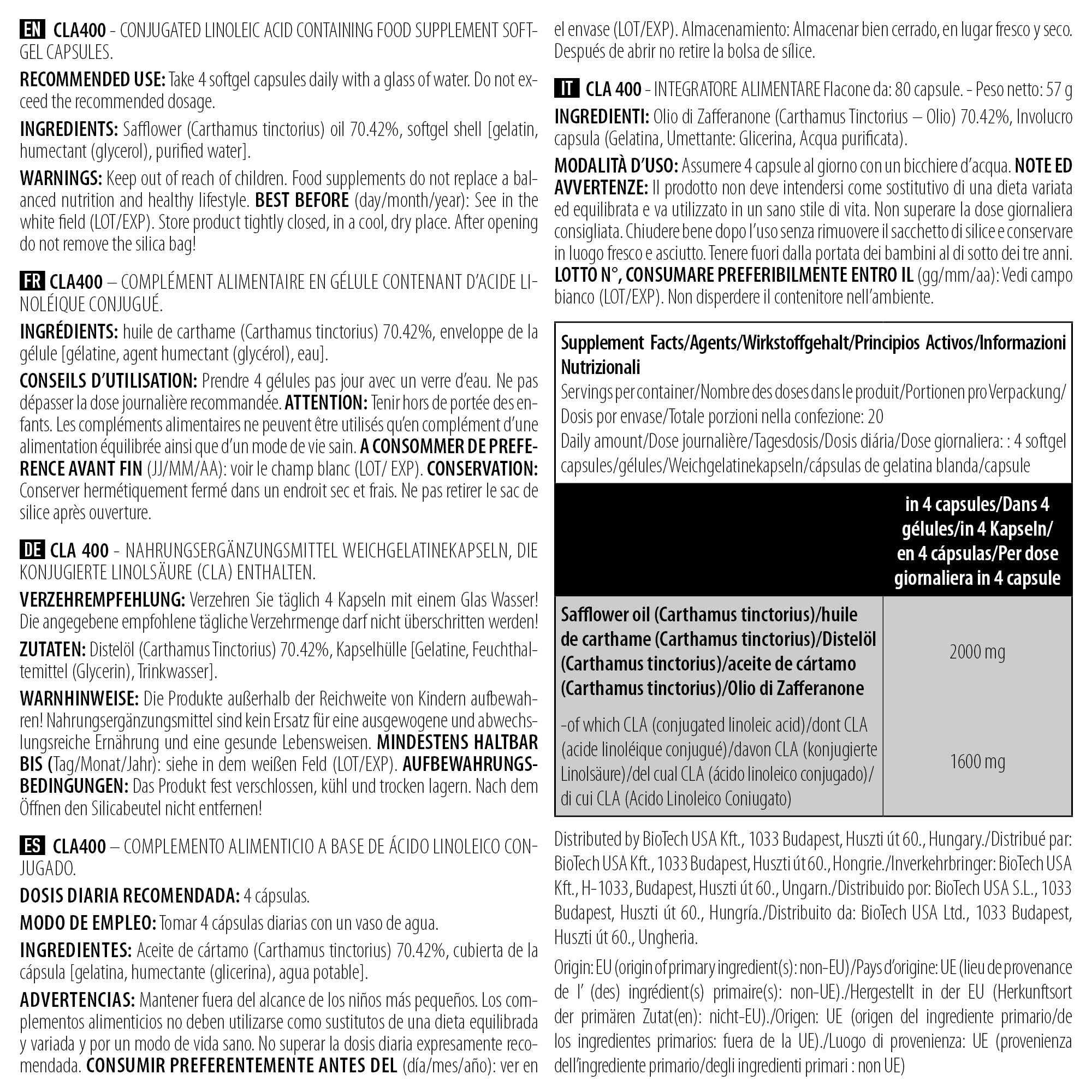 BioTechUSA CLA 400 - 80 Capsules for Weight Loss & Fat Burning | Supports Lean Muscle Growth | Ideal for Fitness & Bodybuilding