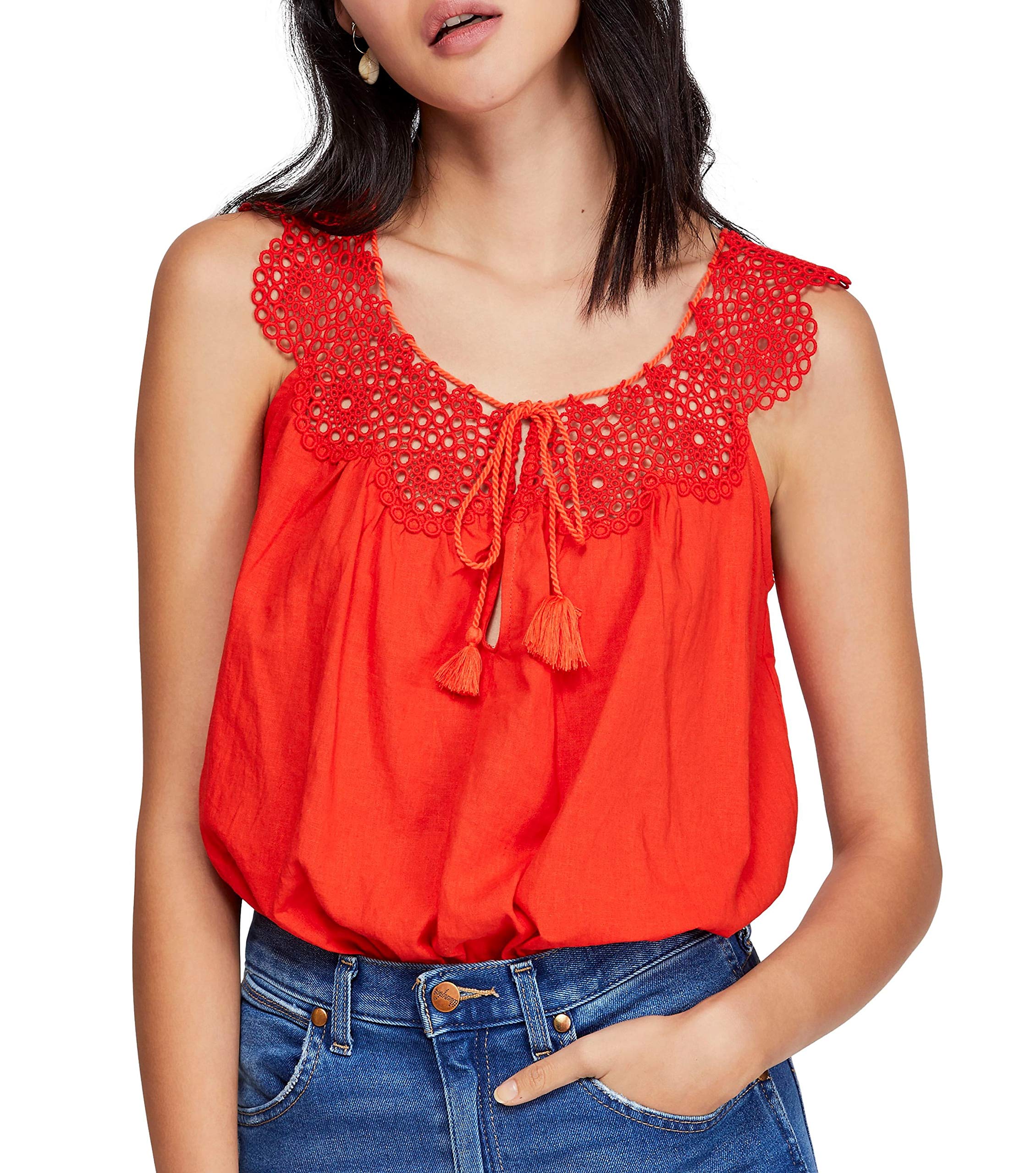 Free People Women's Clover Crochet Sleeveless Camisole Top - Boho Chic Summer Beachwear for Vacations & Music Festivals