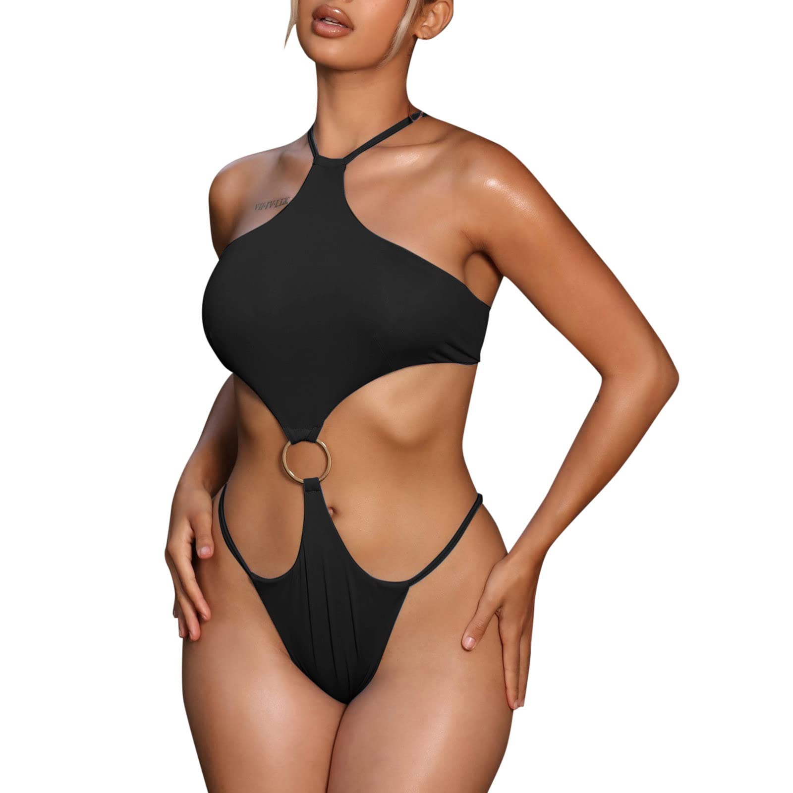 Women's Solid Color Halter One Piece Swimwear - Brown Beach Bikini Set for Swimming, Sunbathing & Summer Vacations