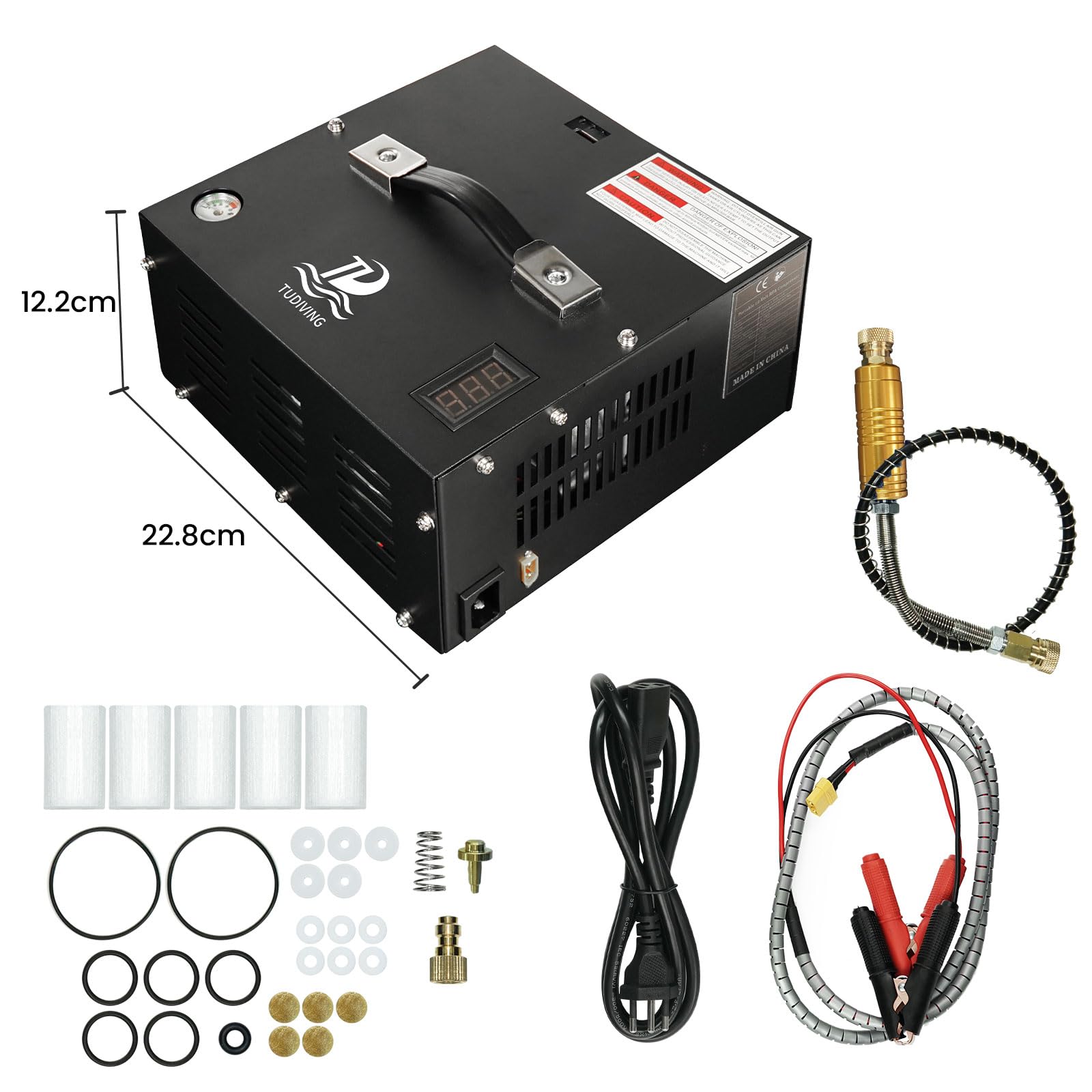 TUDIVING 4500Psi Portable PCP Air Compressor - High Pressure 12V Car Pump with Power Adapter | Scuba Tank Compressor for Diving Tanks, PCP Air Rifles & Paintball Guns | 110V Electric Air Pump for Outdoor Sports, Hunting & Shooting (Model TXES061)