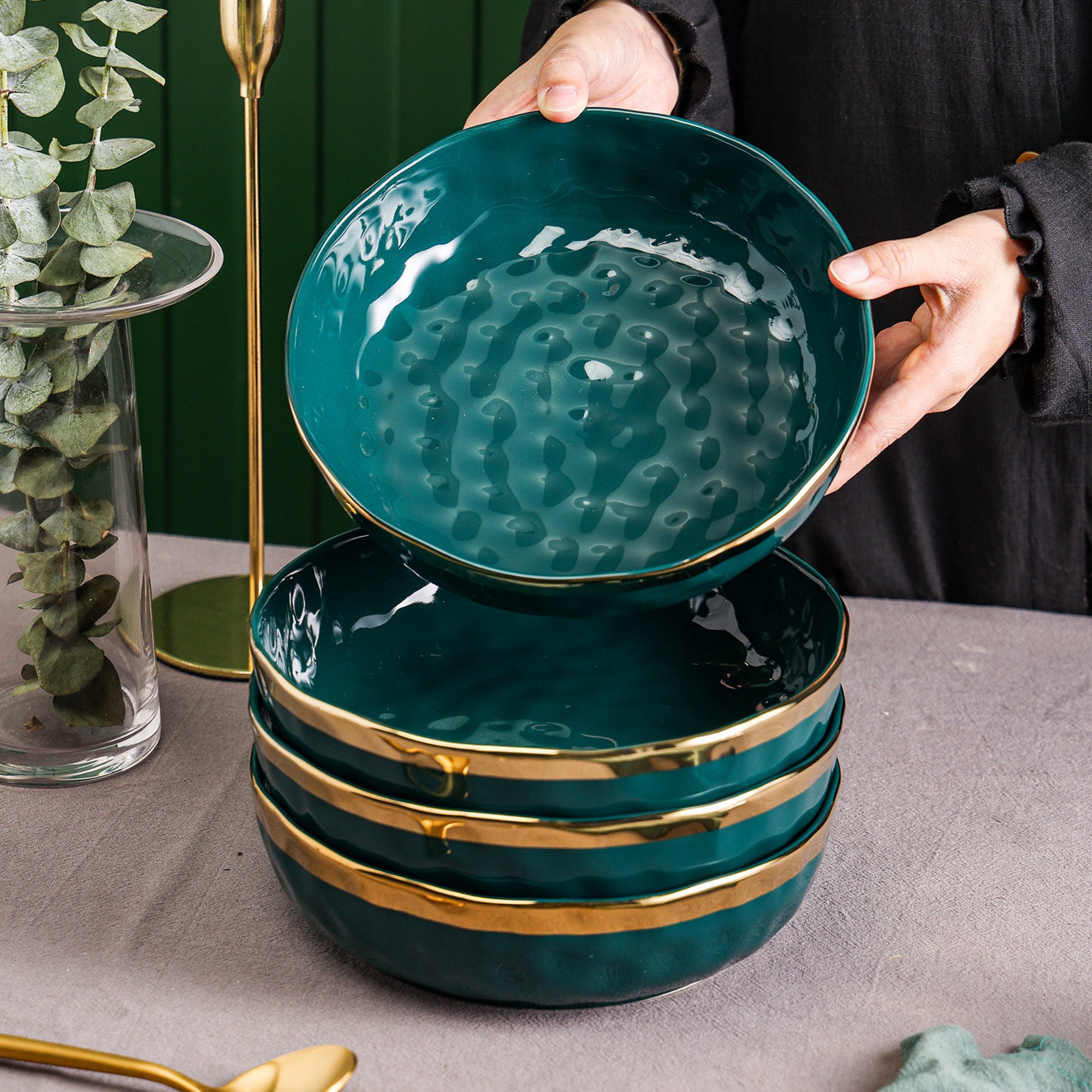 Florian Porcelain Pasta Bowl - Elegant Green Ceramic Dinnerware for Italian Cuisine | Perfect for Home Dining, Restaurants & Gift Giving