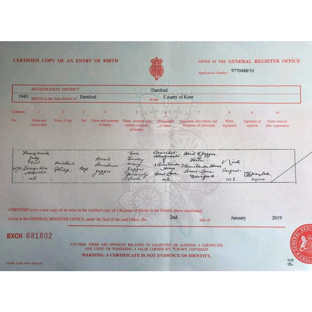 Mick Jagger Authentic UK Birth Certificate Copy - Official Rolling Stones Memorabilia for Collectors & Fans - Perfect for Framing, Display, and Music Memorabilia Collections