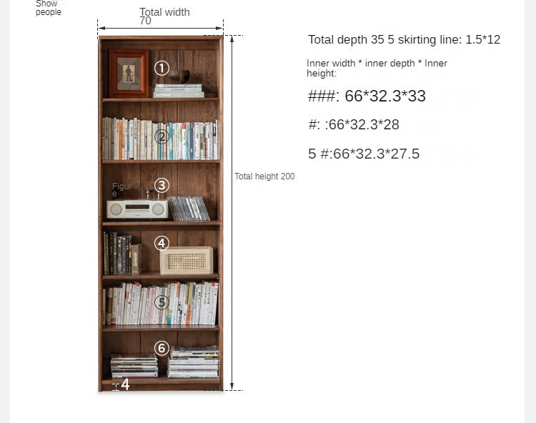 Black Walnut Solid Wood Bookcase - Free Standing Adjustable Bookshelf for Living Room, Office & Study | Modern Home Storage Furniture