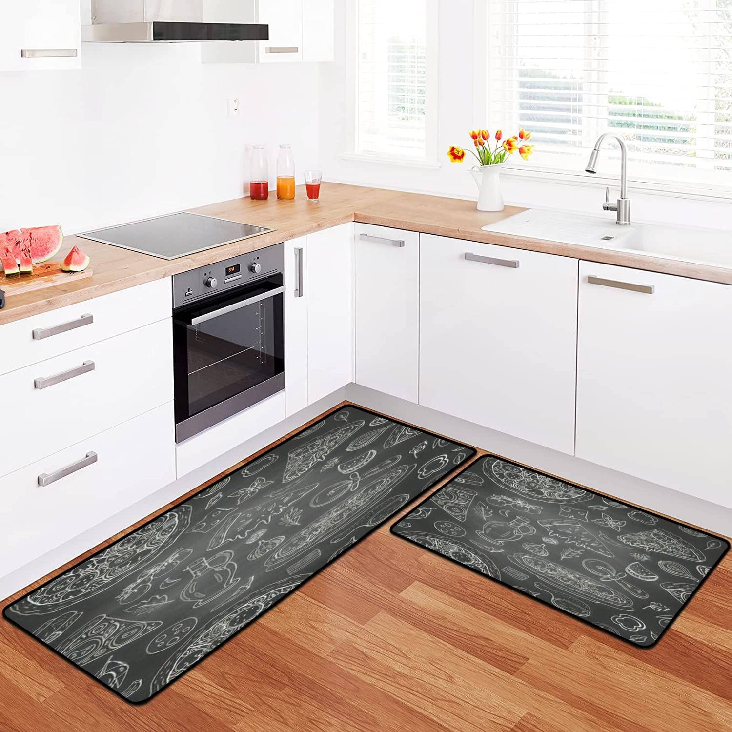Italian Food Themed Non-Slip Kitchen Rugs Set - Washable Seamless Floor Mats with Pizza, Olive Oil & Vegetables Design - Anti-Fatigue Standing Mats for Kitchen, Bathroom & Entryway Decor