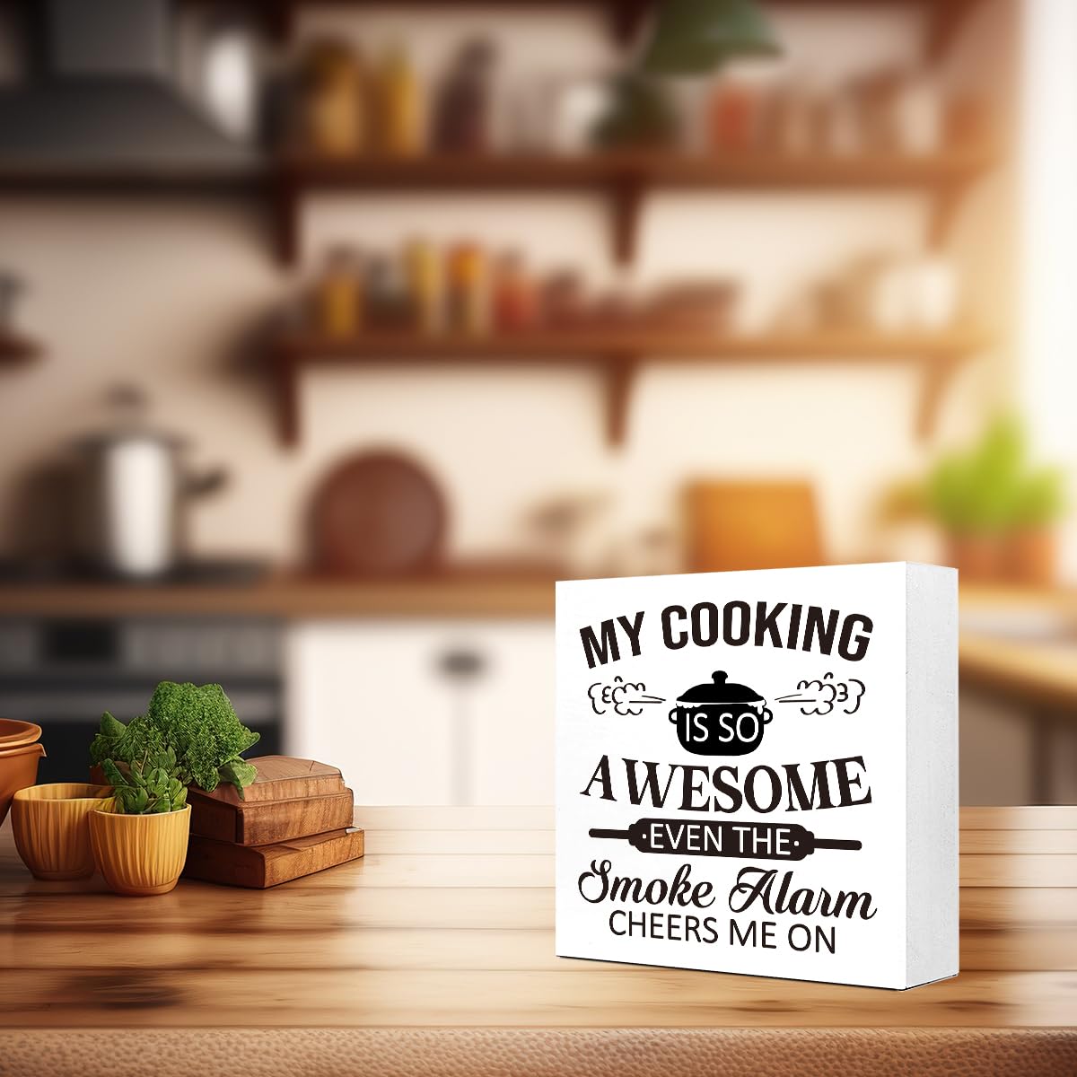 Funny Kitchen Wooden Block Sign - Retro Satire & Irony Decor for Home, Dining Room & Tabletop - Perfect Gift for Cooking Enthusiasts (V666) - Ideal for Farmhouse Kitchens, Coffee Bars & Housewarming Gifts