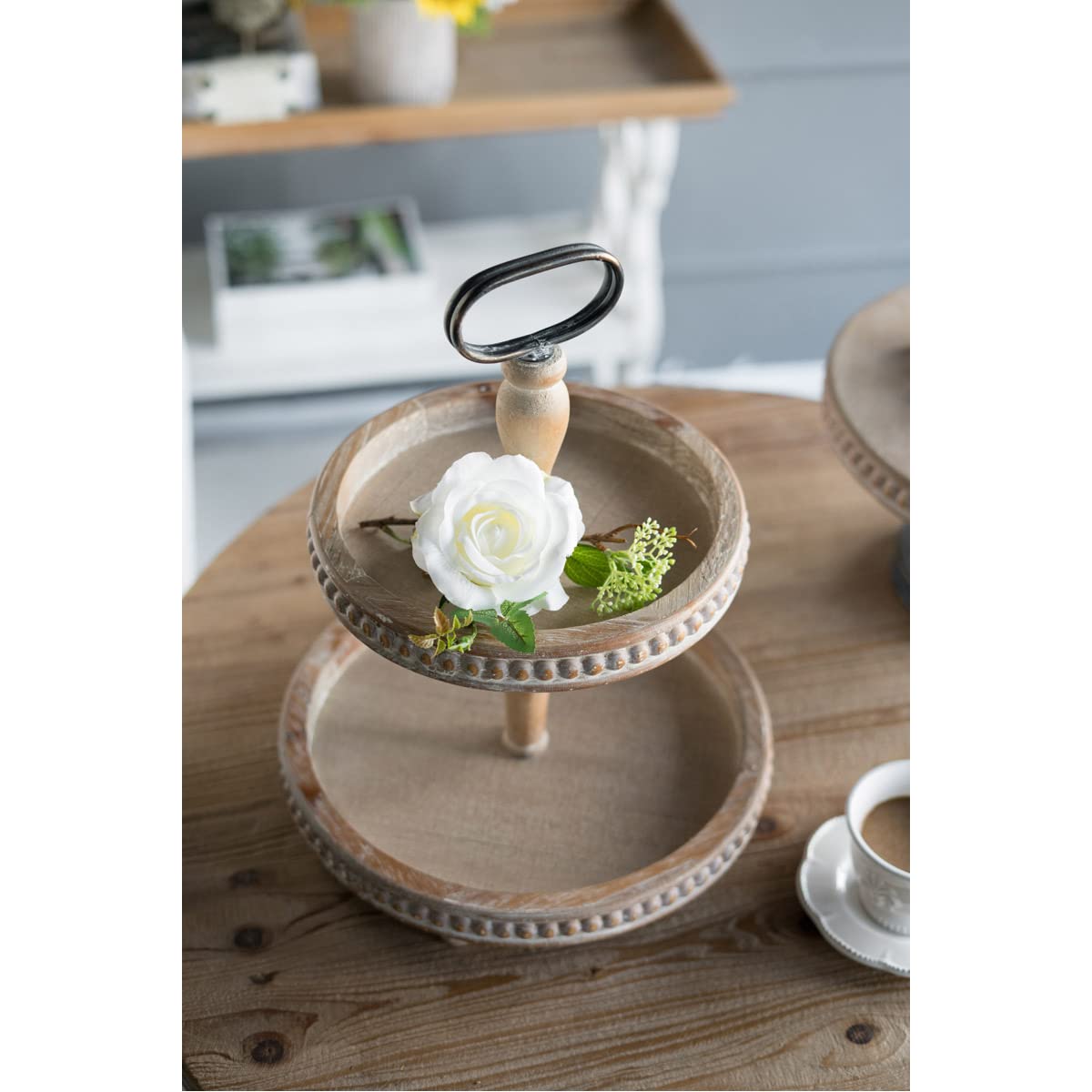 A&B Home Whitewash Tan 2-Tier Wood Bead Trim Tray - Rustic Farmhouse Decor for Coffee Table, Entryway, or Bathroom Organization