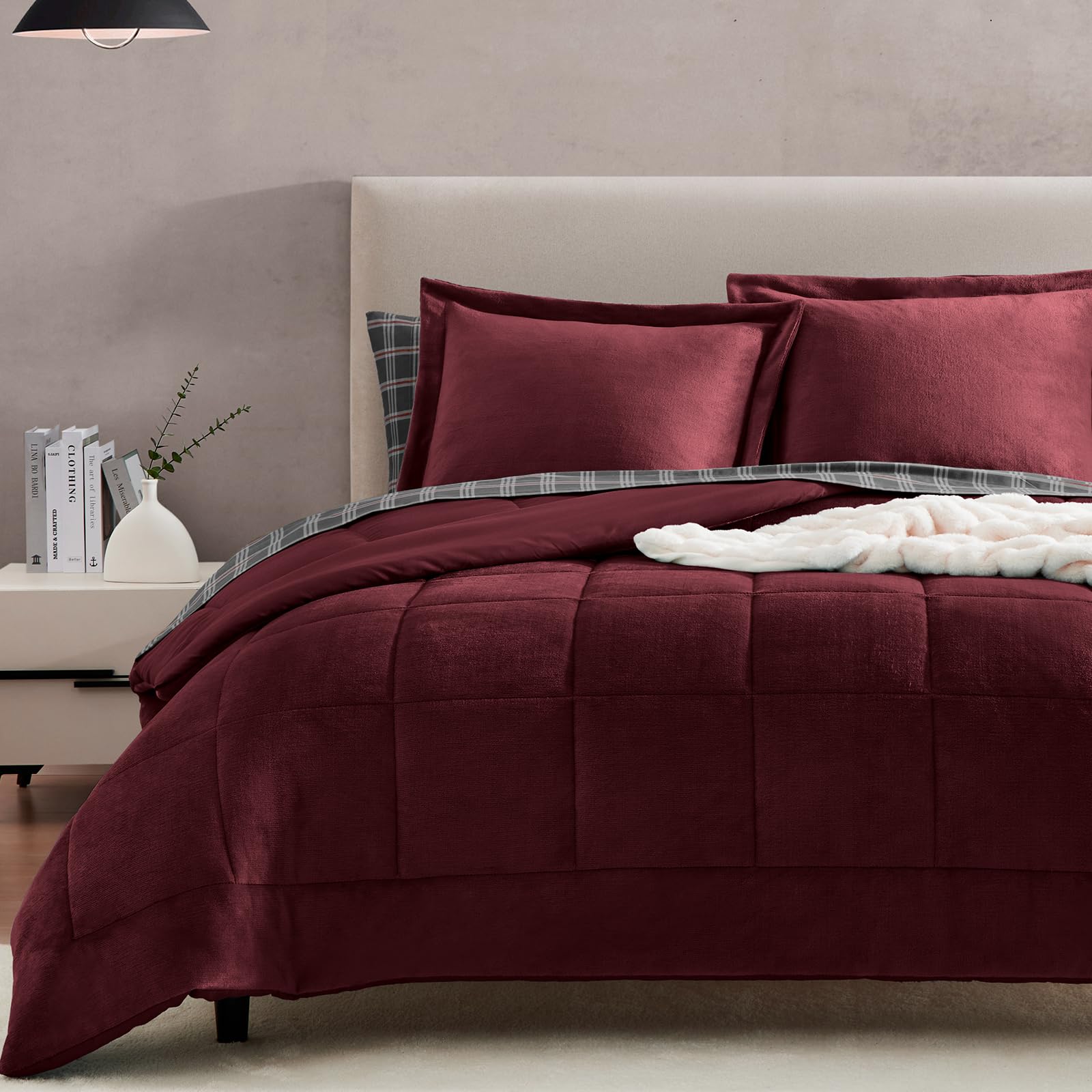 Luxury 7-Piece Queen Comforter Set - Burgundy Red Flannel Velvet Bedding with Comforter, Sheets & Pillowcases | Ultra Soft & Warm Winter Bedding Collection | Perfect for Master Bedroom, Guest Room & Cozy Winter Nights