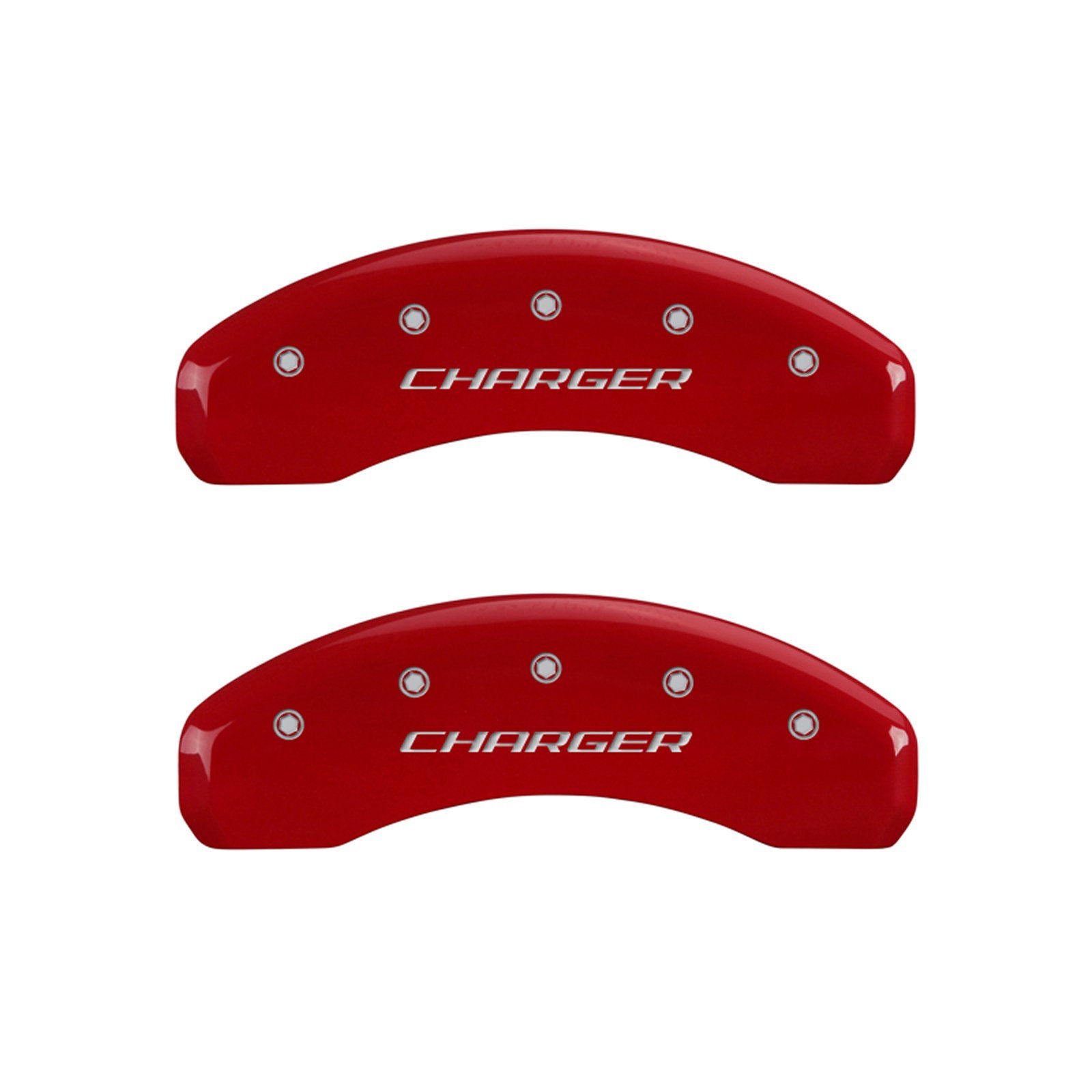 MGP Caliper Covers 12088SCHBRD - Red Powder Coat Finish Front & Rear Brake Caliper Covers (Set of 4) for Dodge Charger/Challenger - Silver Engraved Characters - High Performance & Custom Car Styling Accessories for Automotive Enthusiasts
