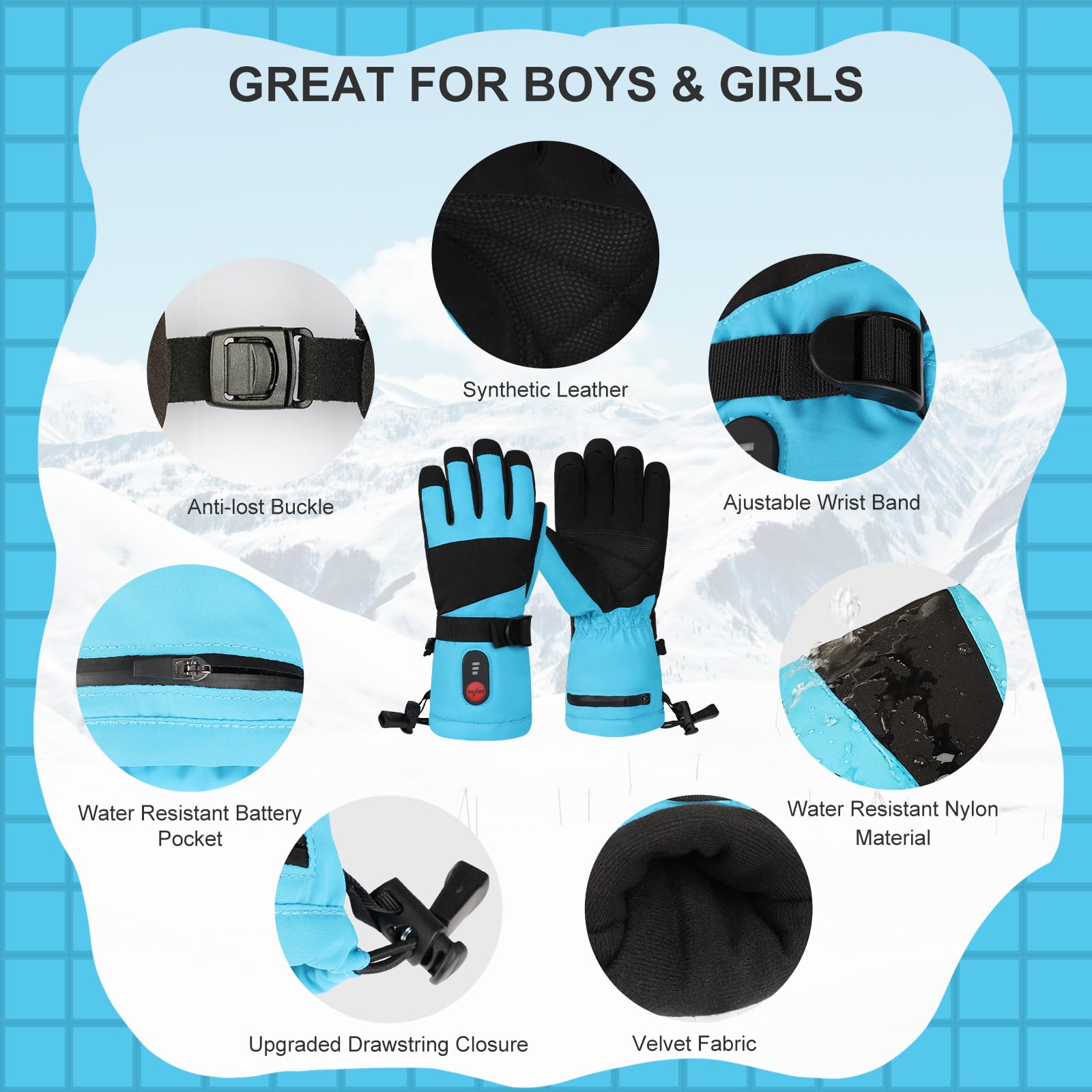 Kids Heated Gloves - Rechargeable Battery Winter Gloves with 3 Heat Settings, Waterproof & Windproof for Skiing, Snowboarding, Cycling - Perfect for Cold Weather Outdoor Activities & Winter Sports Gifts