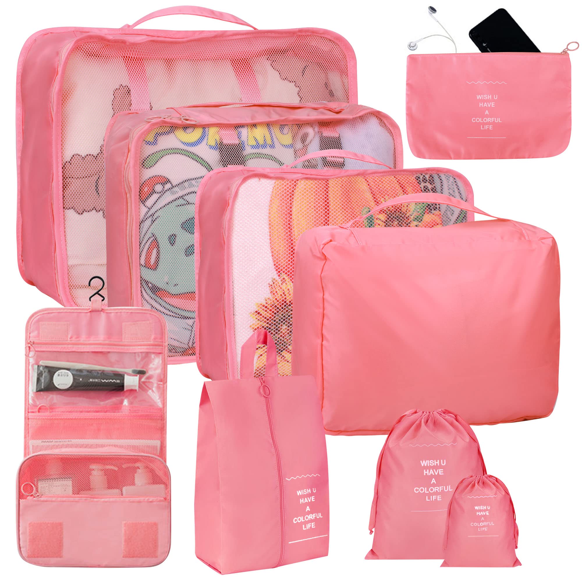 9-Piece Packing Cubes Set for Suitcases - Kingdalux Pink Travel Luggage Organizers with Laundry Bag, Compression Shoe Bag, Makeup Pouch & Clothing Bags for Men & Women | Perfect for Weekend Getaways, Business Trips & Family Vacations