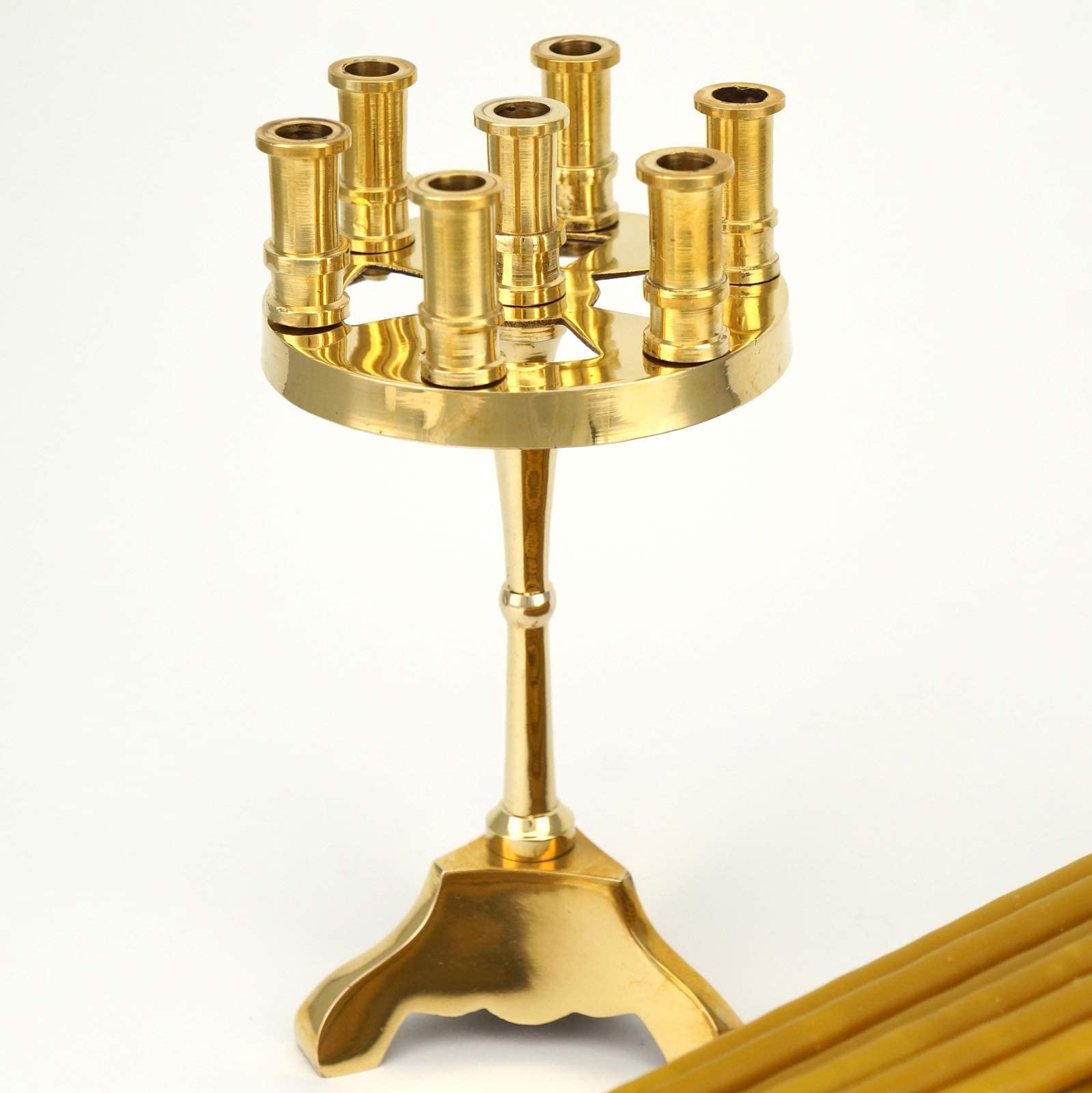Traditional Orthodox Candelabra - 7 Candle Brass Holder for Thin Taper Candles with 100 Pure Beeswax Candles | Religious Decor for Prayer Corner, Home Altar & Church | Perfect for Orthodox Christian Worship, Meditation & Spiritual Rituals