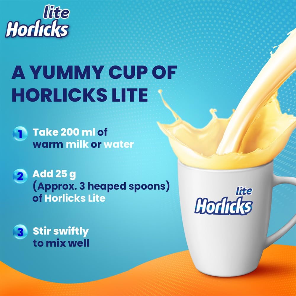 Horlicks Lite Badam Flavor Health Drink for Adults - 450g/500g High Protein Nutrition Powder with Immunity Boost, No Added Sugar | Ideal for Breakfast, Post-Workout & Healthy Lifestyle