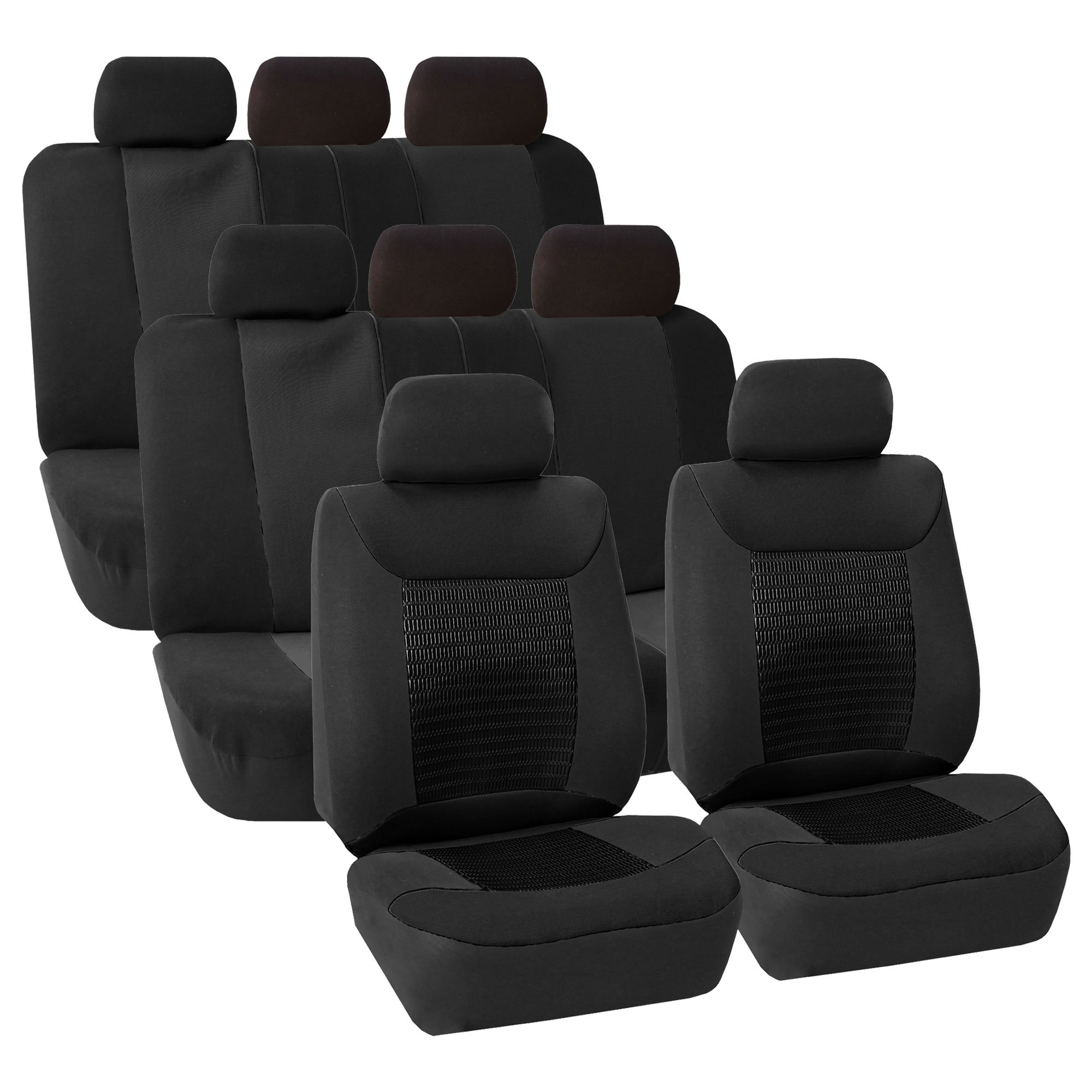 Premium 3-Row Car Seat Covers Set - Universal Fit for Cars, Trucks & SUVs | FH Group Black Fabric Seat Protectors with Airbag Compatibility & Split Rear Design | Perfect for Road Trips, Daily Commutes & Family Travel