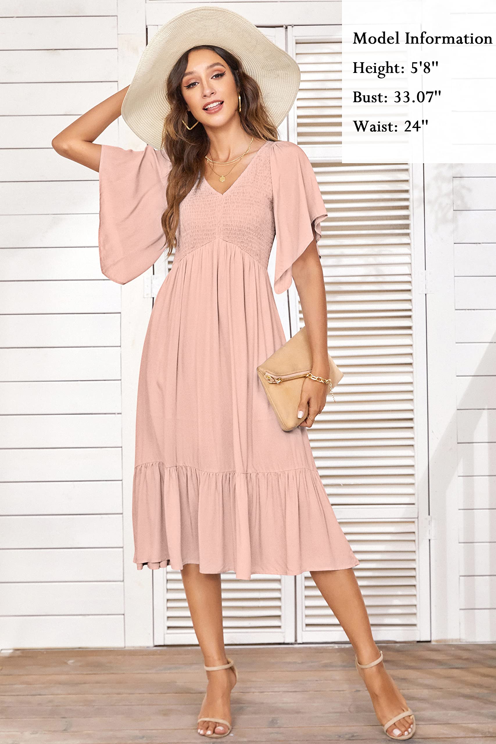 PYGFEMR Women's Summer Floral Print Empire Waist Dress - Smocked Flutter Short Sleeve V-Neck Midi Dress for Beach, Vacation & Casual Wear