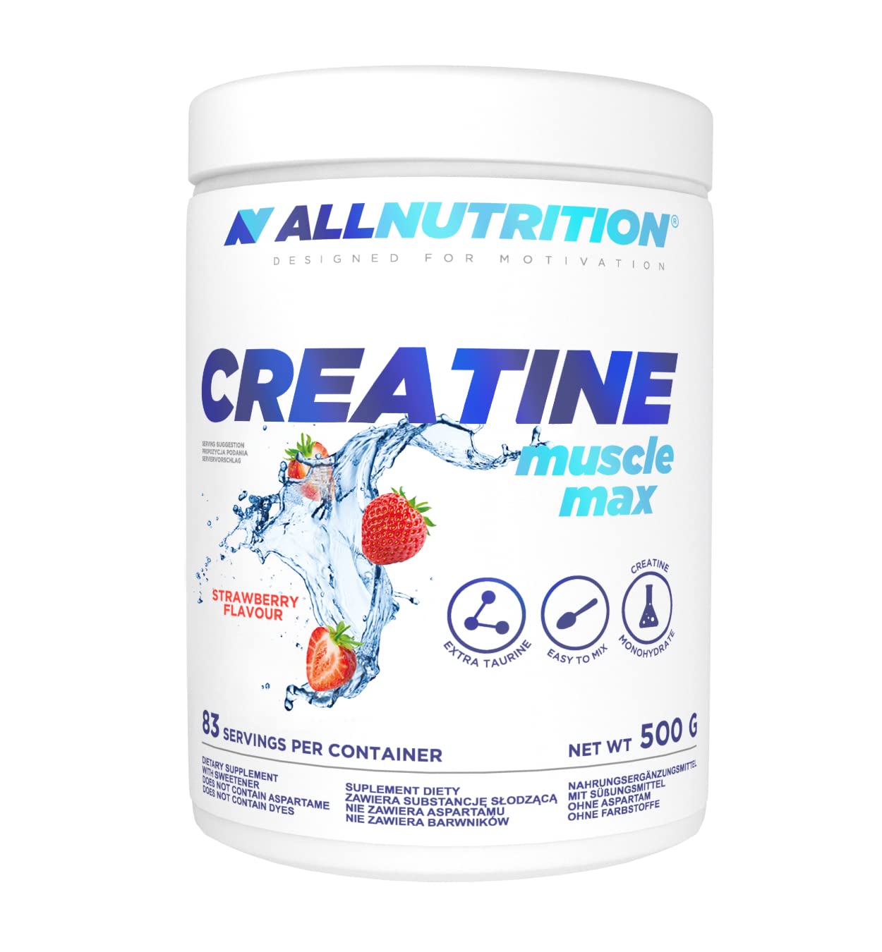 ALLNUTRITION Creatine Monohydrate Powder 500g - Muscle Building & Performance Supplement with Taurine - Sugar Free, Strawberry Flavor for Athletes & Gym Enthusiasts - Pre/Post Workout Recovery & Strength Training Support