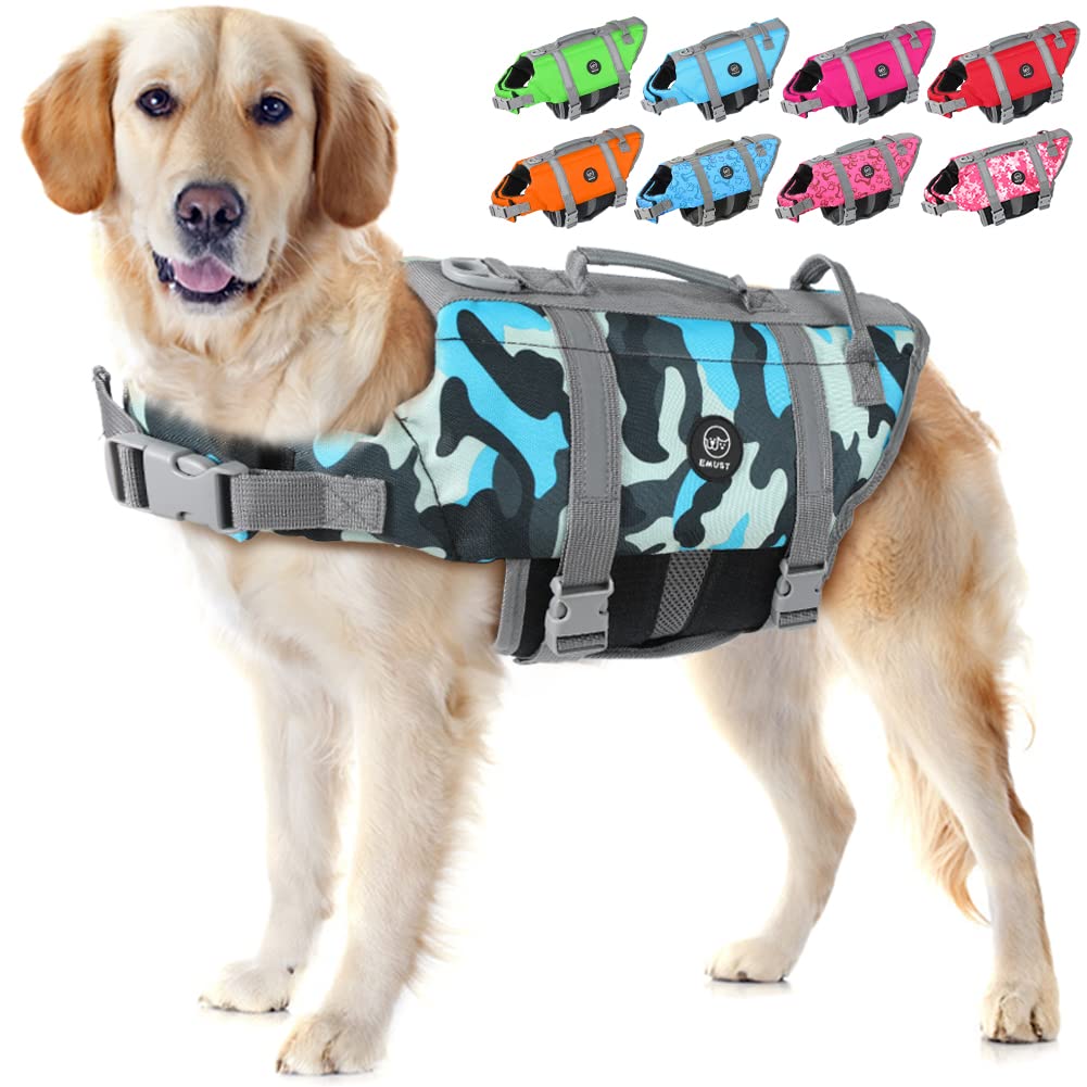 EMUST Adjustable Dog Life Jacket with Rescue Handle - Flotation Vest for Small/Medium/Large Dogs (XS-XXL) - New Blue Camouflage Design - Perfect for Swimming, Boating & Water Safety