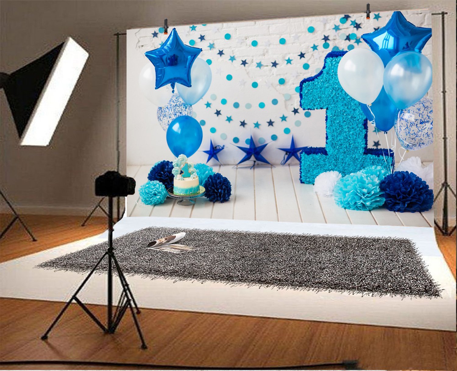 Yeele 10x8ft Photography Backdrop - 1st Birthday Photo Booth Background with Paper Flowers, Balloons & Wood Floor Design for Baby Cake Smash, Studio Props | Perfect for Baby Boy/Girl One Year Old Party Decorations & Professional Photo Shoots