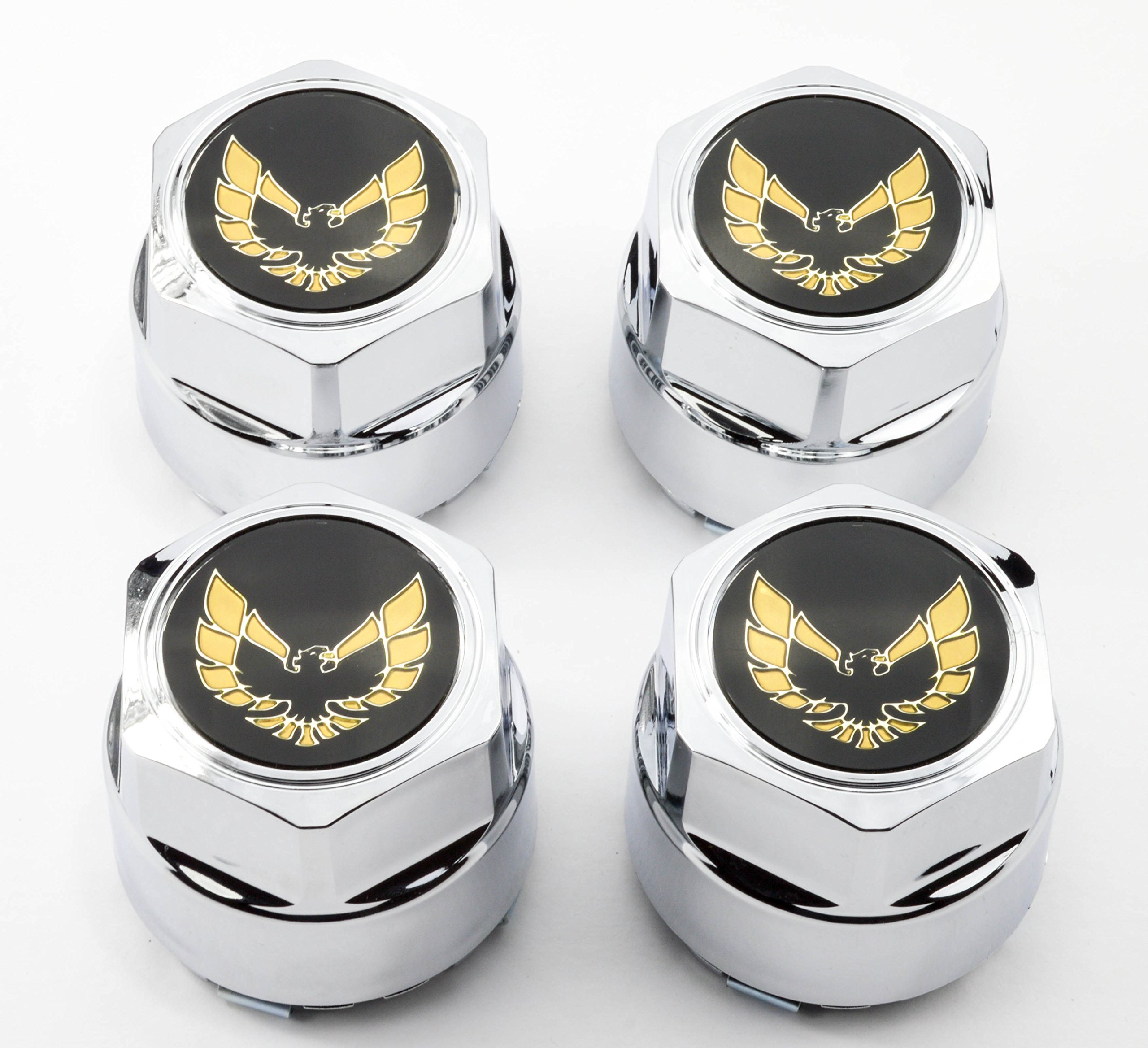 Set of 4 New 77-81 Pontiac Firebird Trans Am TA Snowflake Turbo Wheel Chrome Center Caps with Gold Bird - Perfect for Classic Car Restoration & Vintage Auto Enthusiasts