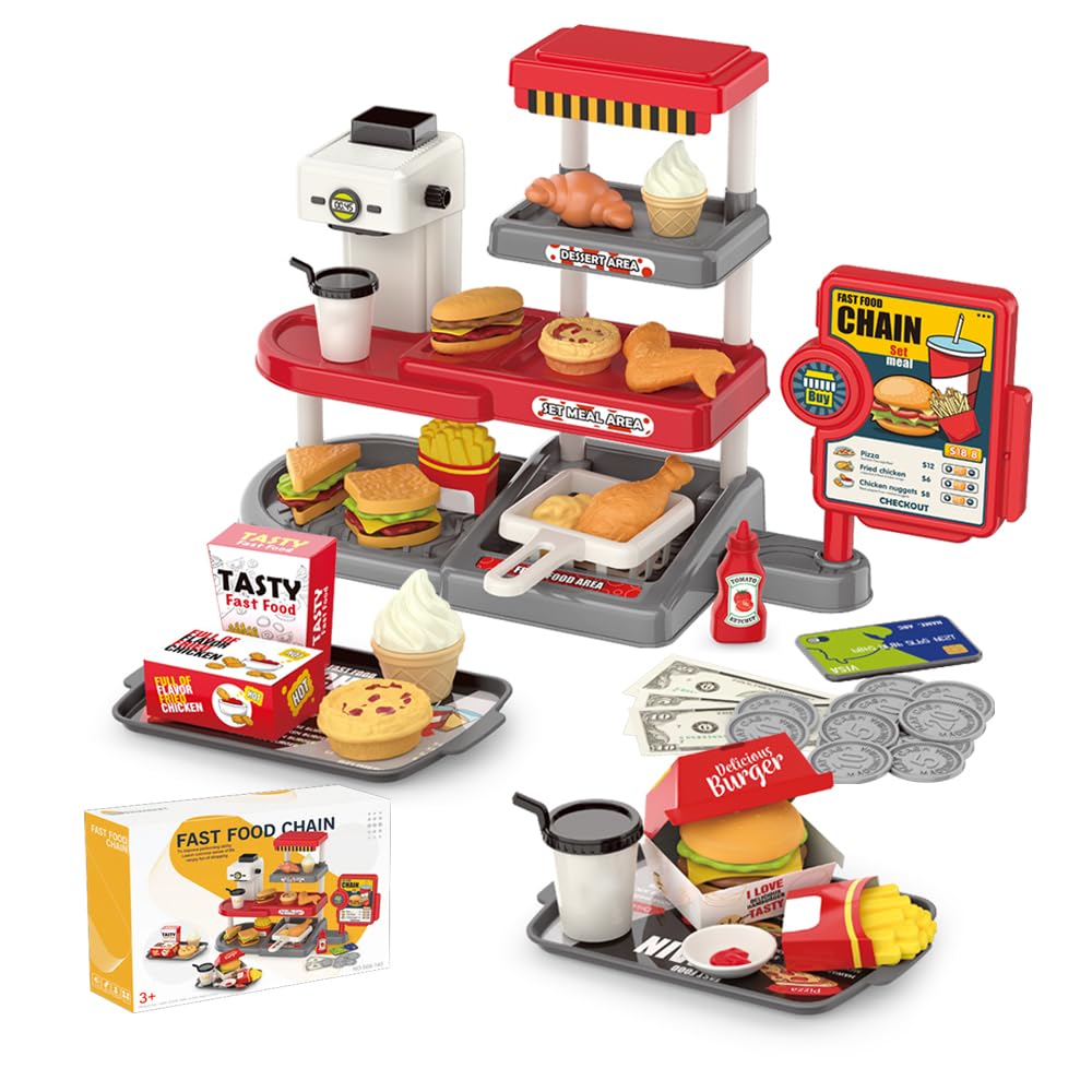 Realistic Fast Food Toy Set with Coffee Maker, Card Reader, Play Money - Kids Pretend Play Grocery Store with Hamburger, Fries & Sandwich Simulation - Perfect for Role Play, Birthday Gifts & Educational Fun