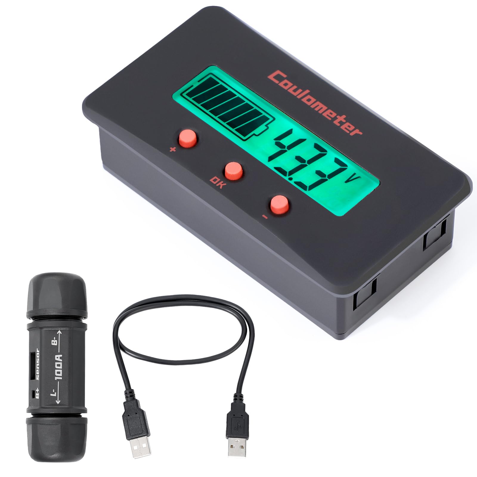 DROK DC Multi Tester 8-120V 100A - Wide Angle Curved Screen Volt Amp Meter with Shunt | Battery Capacity Monitor for 12V 24V 36V 48V 110V | Includes 0.5m USB Cable | Perfect for Marine, Car, RV, Solar & Off-Grid Power Systems