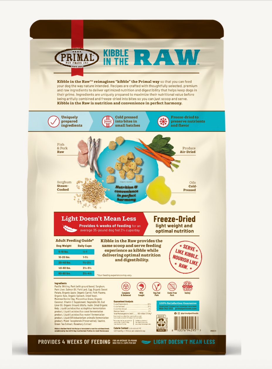 Primal Kibble In the Raw Fish & Pork Dog Food - High Protein Grain-Free Freeze-Dried Raw Dog Food for All Breeds & Ages - Perfect for Active Dogs, Training Treats & Digestive Health Support