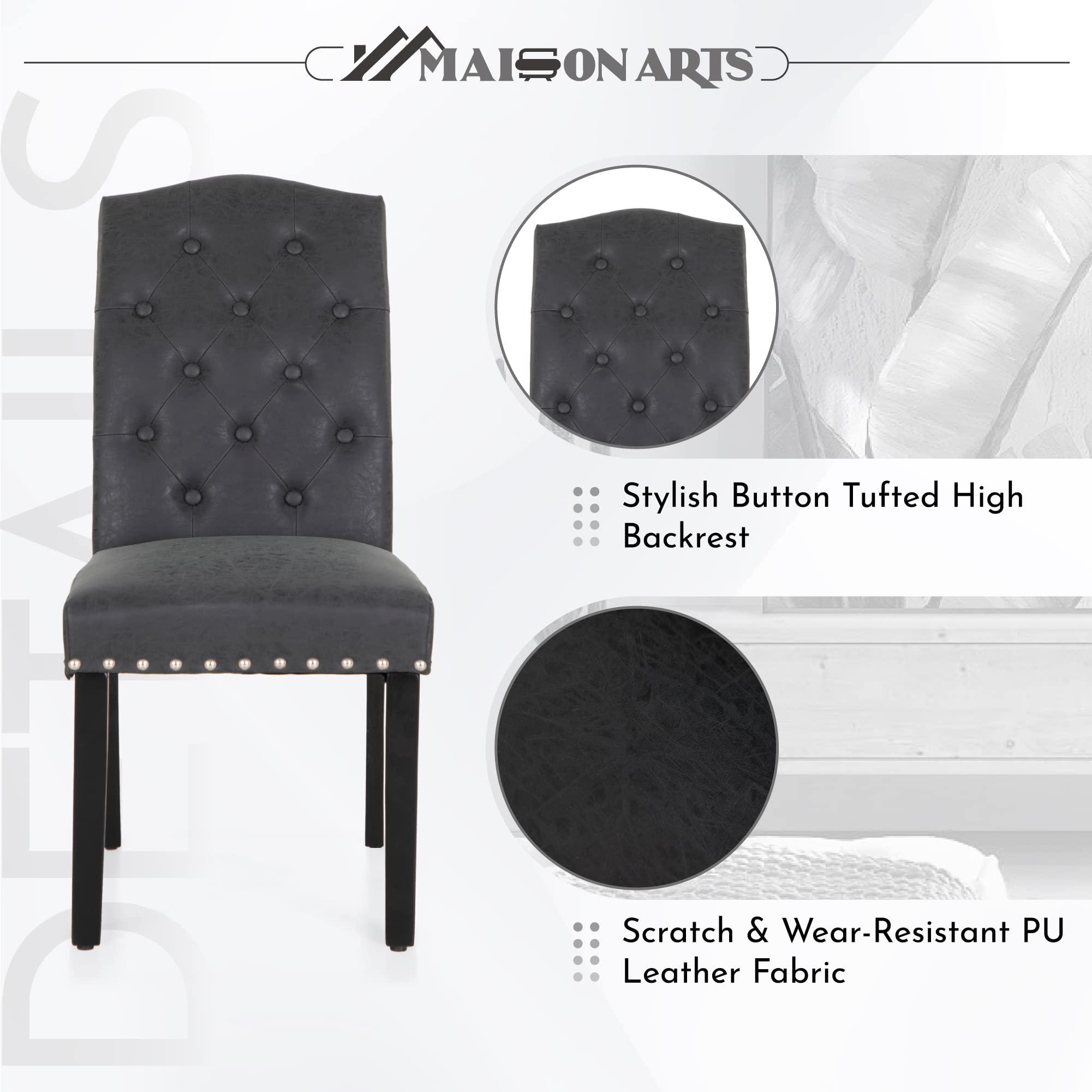 Premium Faux Leather Dining Chairs Set of 6 - Modern Upholstered Tufted Kitchen Chairs with Nailhead Trim & Solid Wood Legs - Elegant Parsons Chairs for Dining Room, Restaurant or Home Decor (Black)