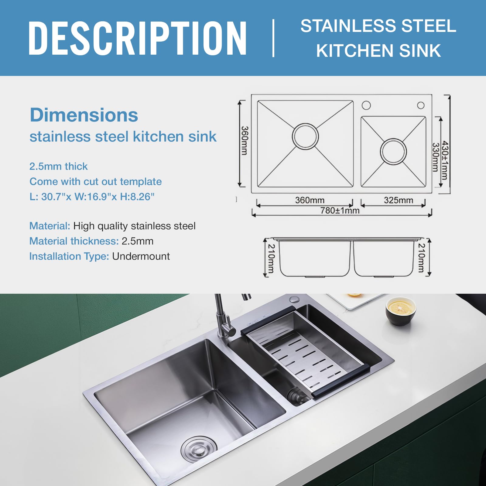 30 Inch Double Bowl Drop-in/Topmount Stainless Steel Kitchen Sink with Nano Coating & Accessories (Silver) - Perfect for Modern Kitchens, Restaurant Prep, and Heavy-Duty Home Use