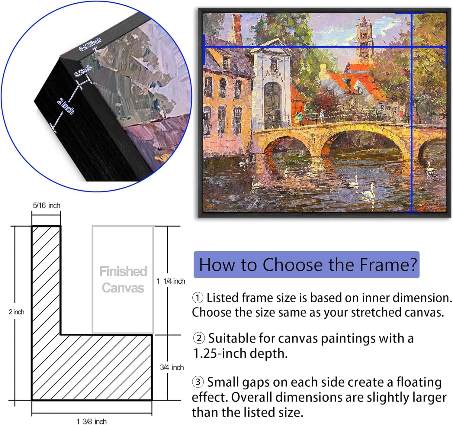 Sunwes Canvas Floater Frames - 1 1/4 Inch Deep Floating Canvas Frame for Wall Art Decor | Custom Size, Removable Stretched Canvas | Perfect for Home Decor, Gallery Display & Christmas Gifts