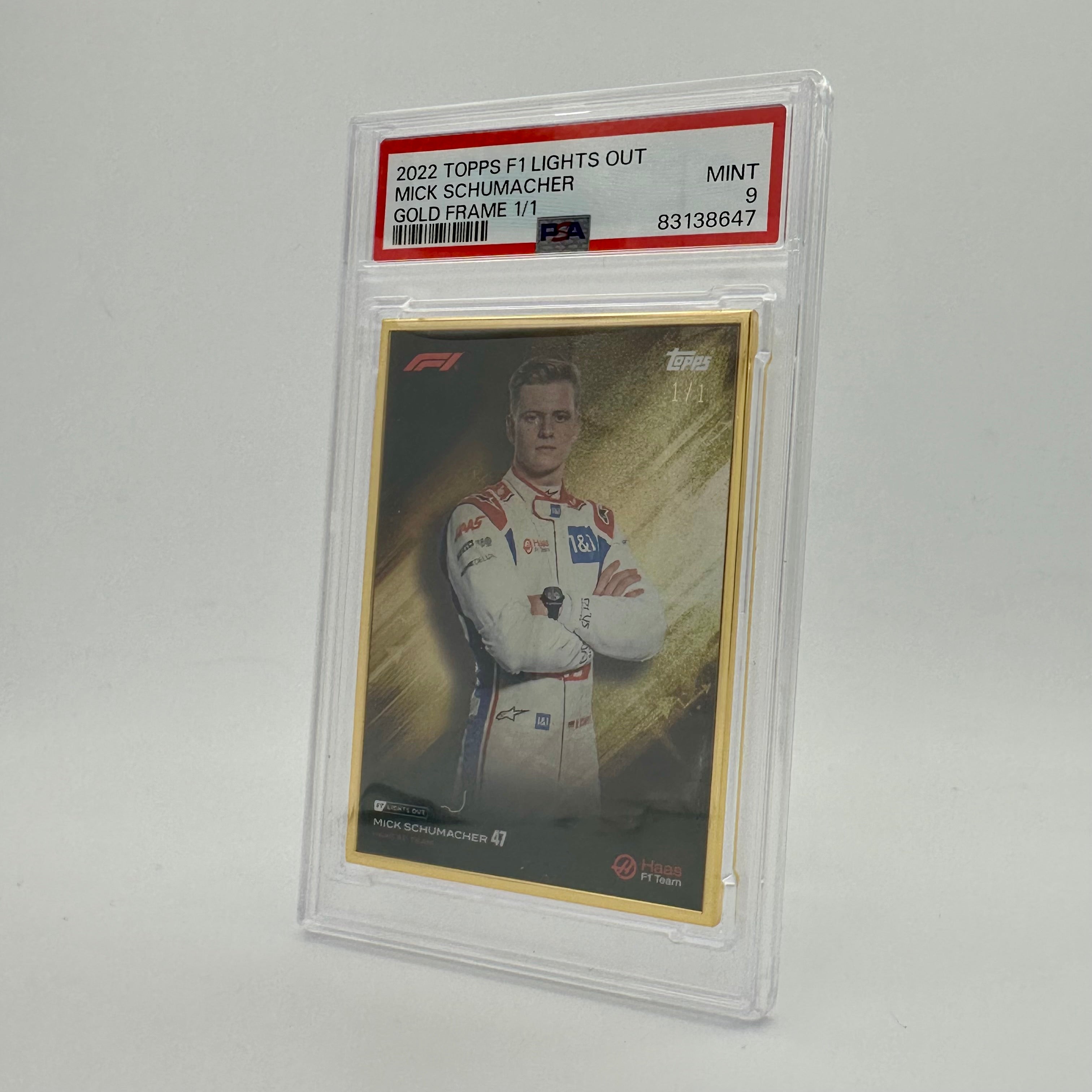 1/1 Gold Frame Mick Schumacher 2022 Lights Out PSA 9 Graded Racing Collectible - Perfect for F1 Memorabilia Displays & Motorsport Fan Collections
