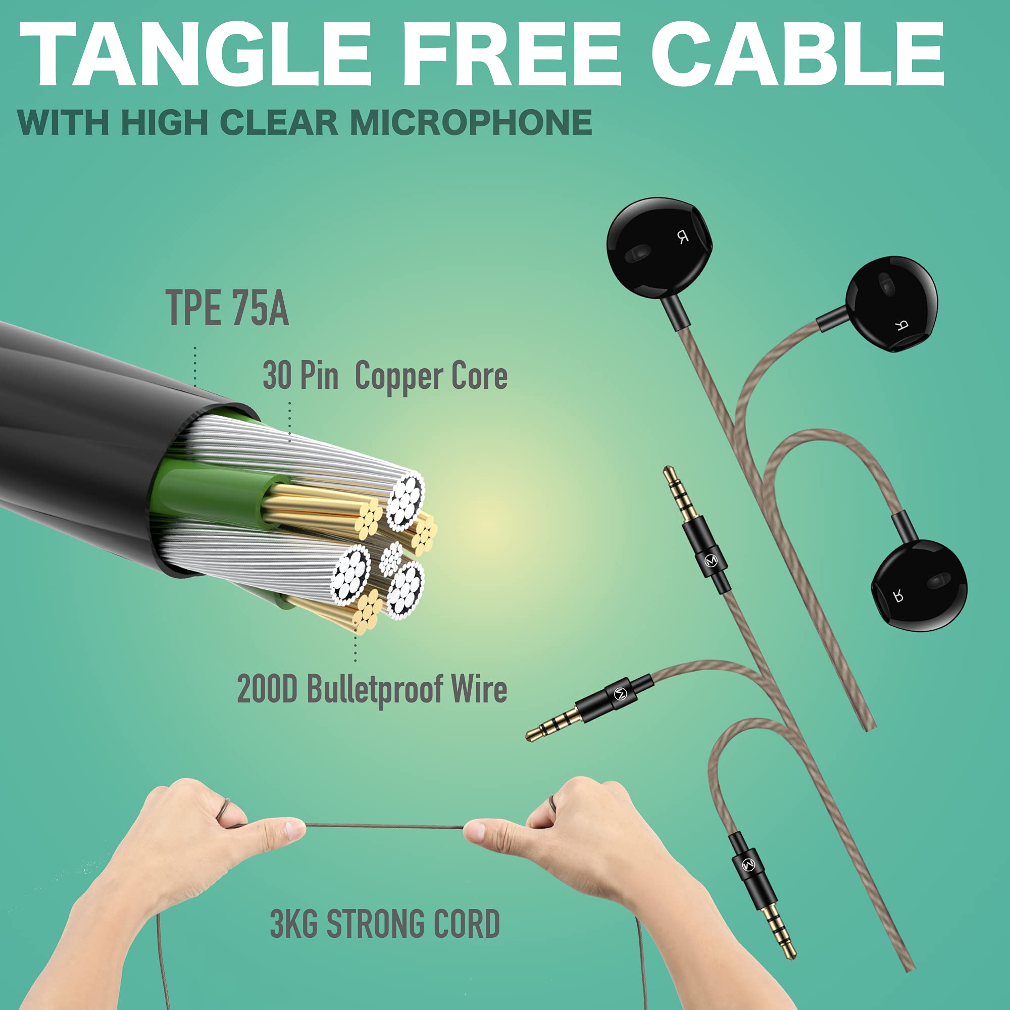 Wired Earbuds with Microphone - Tangle-Free 3.5mm Jack Headphones with Volume Control, Extra Bass & Noise Cancelling - Compatible with iPhone, iPad, Laptop, PC - Perfect for Gaming, Music & Video Calls (Black)