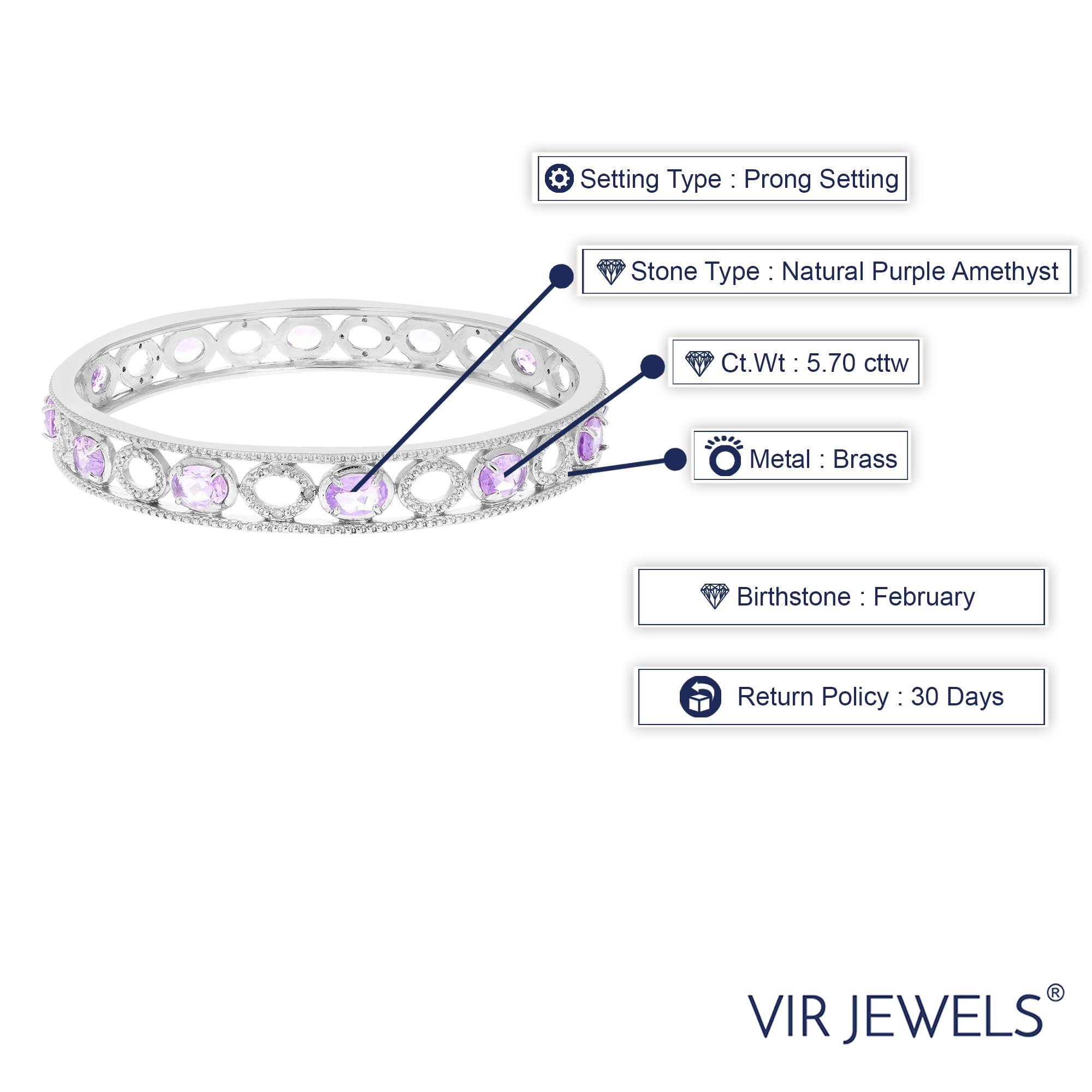 5.70 Carat Total Weight (cttw) Purple Amethyst & Diamond Eternity Bangle Bracelet in Brass with Rhodium Plating - Elegant Jewelry for Weddings, Anniversaries & Special Occasions