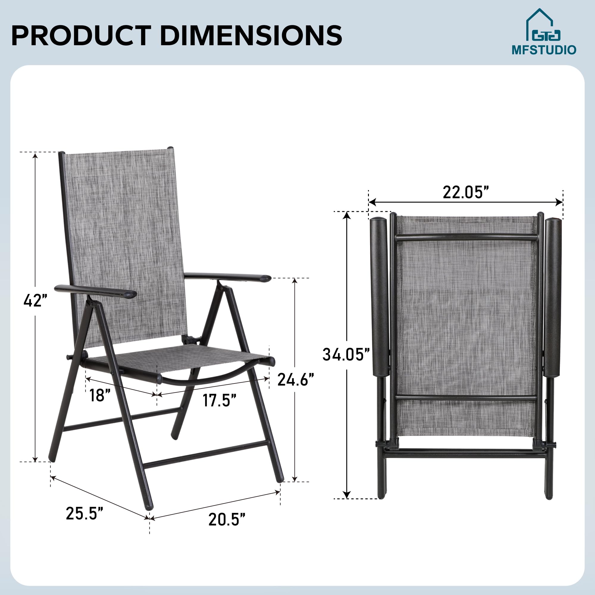 MFSTUDIO 2-Pack Patio Folding Dining Chairs - Adjustable Outdoor Sling Chairs for Garden, Lawn & Deck - Portable Grey Patio Furniture Set (7-Level Reclining) - Perfect for Backyard BBQs, Poolside Relaxation & Outdoor Dining