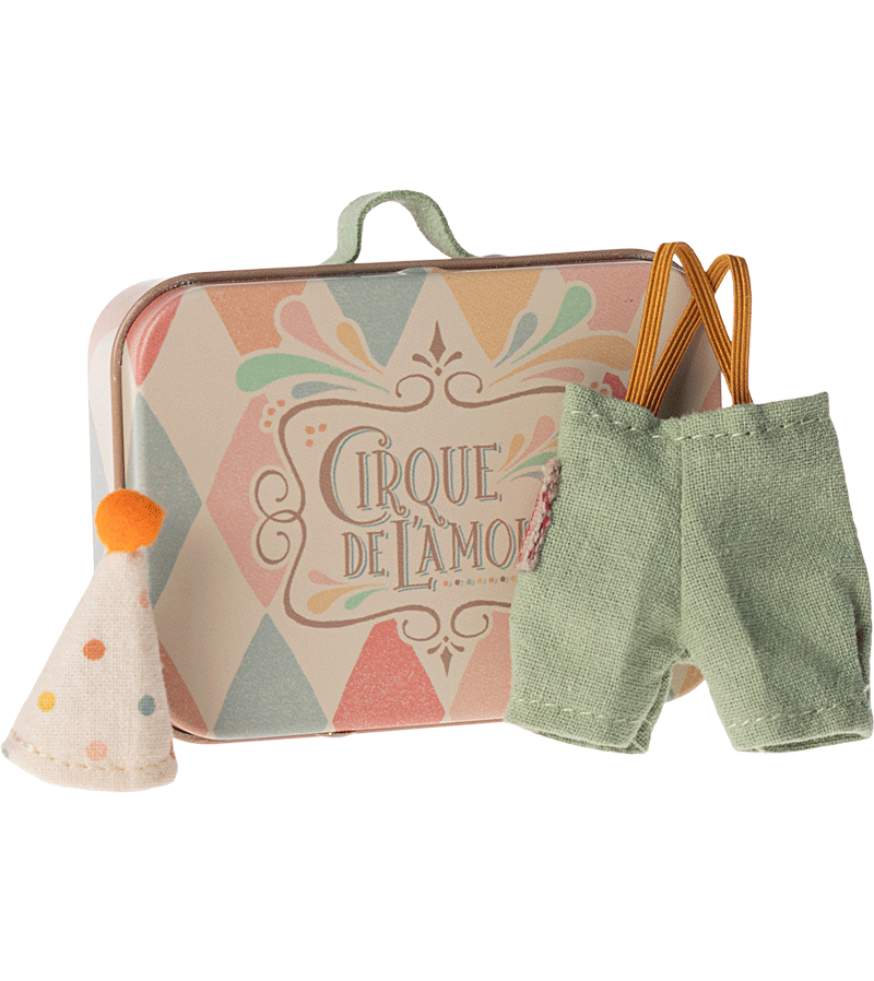Maileg Clown Costume Set for Kids - Dress Up Outfit with Suitcase & Mouse Toy - Perfect for Pretend Play, Birthday Parties & Role-Playing Games
