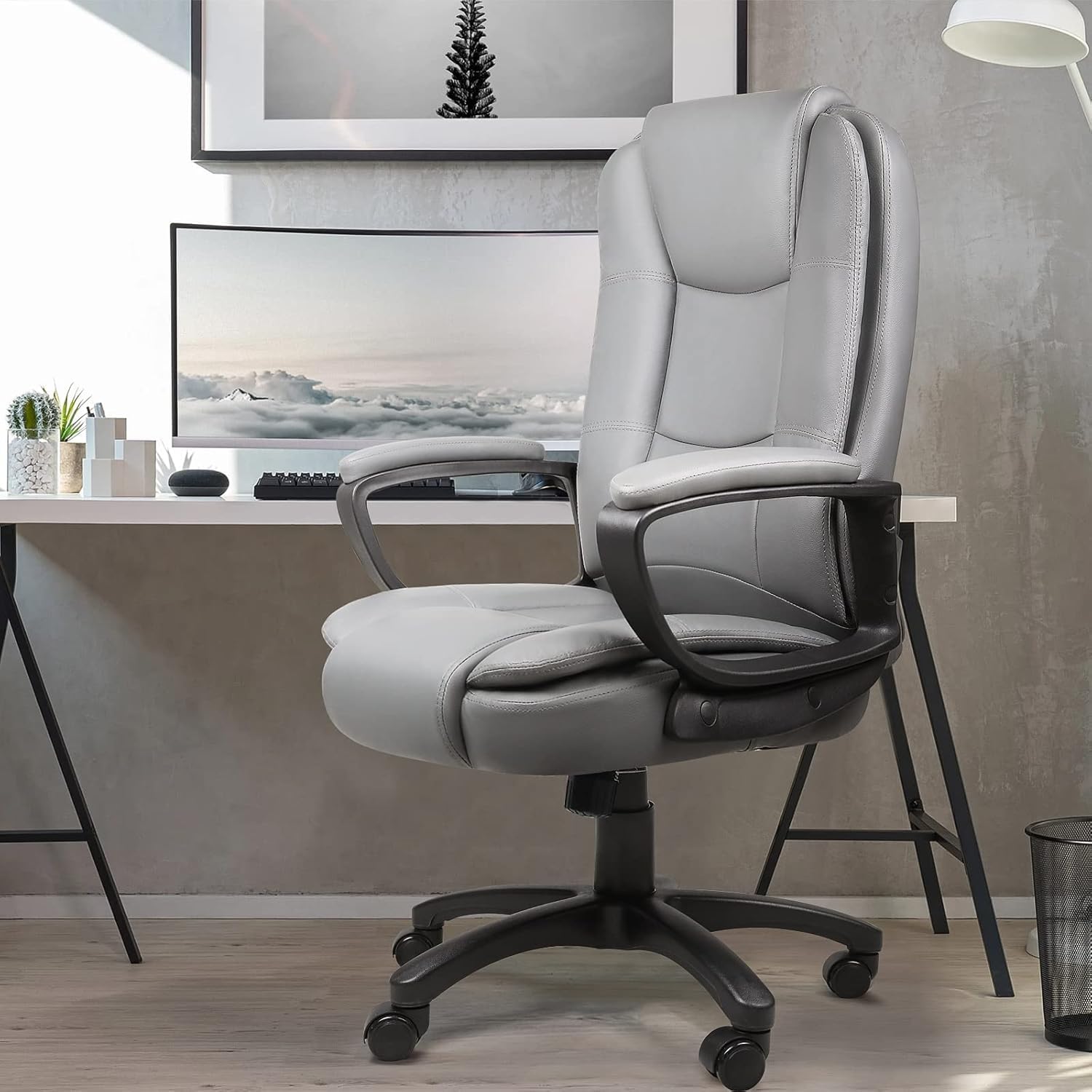 OFIKA Ergonomic Home Office Chair - 400LBS Heavy Duty Big & Tall Executive Chair with High Back Lumbar Support, Adjustable Leather Desk Chair with Armrests (Grey) - Perfect for Long Work Hours, Gaming, and Computer Use