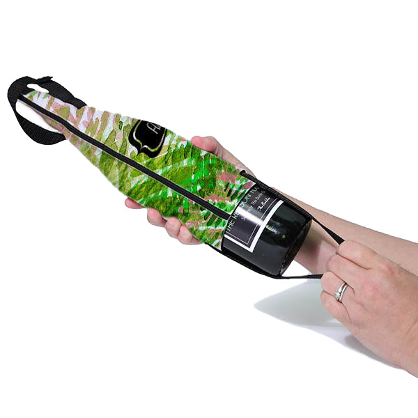 Personalized Wine Bottle Cooler with Adjustable Strap - Green & Pink Watercolor Design - Perfect for Picnics, Parties & Outdoor Events