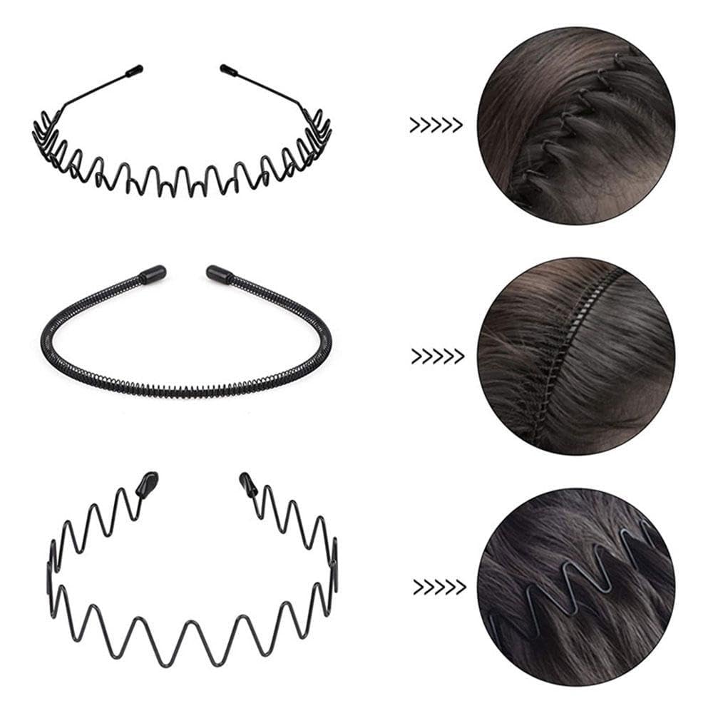 Black Metal Wavy Spring Hair Hoop - Non-Slip Sports Headband for Women & Men - Perfect for Running, Yoga, Gym & Outdoor Activities - Washable Hair Accessory
