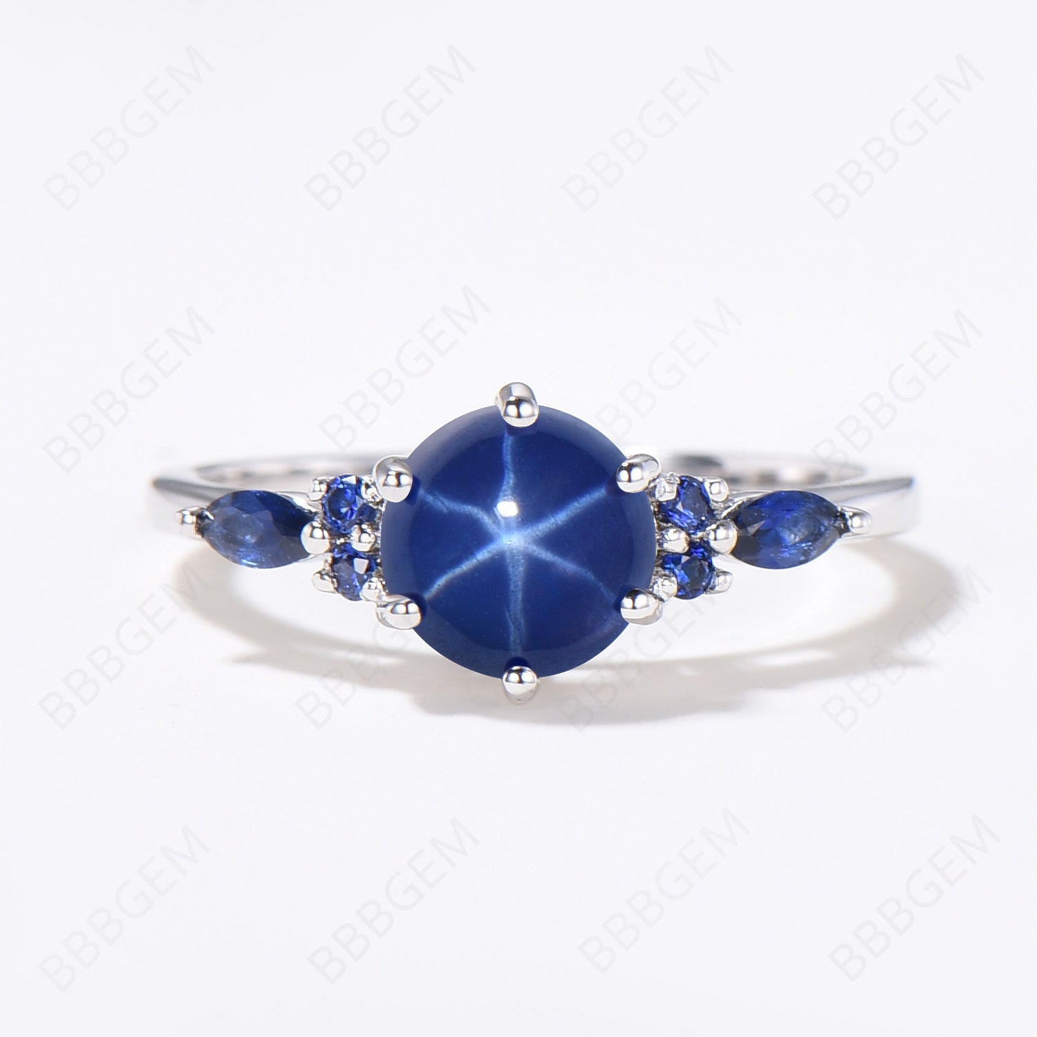 Sterling Silver Blue Lindy Star Engagement Ring - 7mm Round Star Sapphire & 7 Stone Cluster Promise Ring for Women | Perfect for Proposals, Anniversaries & Special Occasions