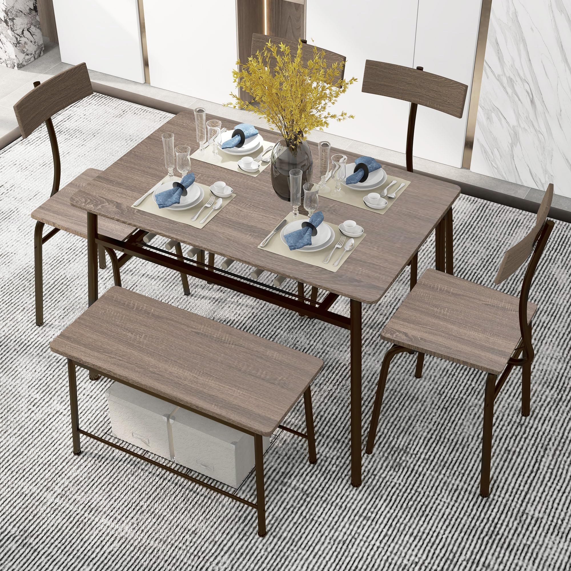 LUCKYERMORE 6-Piece Wooden Dining Set with Bench & 5 Chairs - Compact Kitchen Table with Metal Legs for Small Spaces | Perfect for Breakfast Nooks, Apartments & Cozy Family Meals