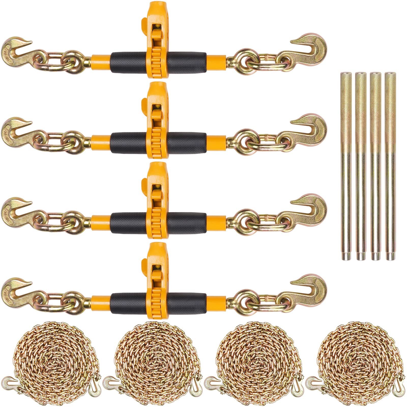VEVOR 5/16-3/8 Inch Ratchet Chain Binder with 7100 lbs Load Capacity & G80 4700 lbs Chain - 4-Pack Black & Yellow Tie Down Binders for Flatbed Truck Trailers - Heavy Duty Hauling, Towing, and Cargo Securing