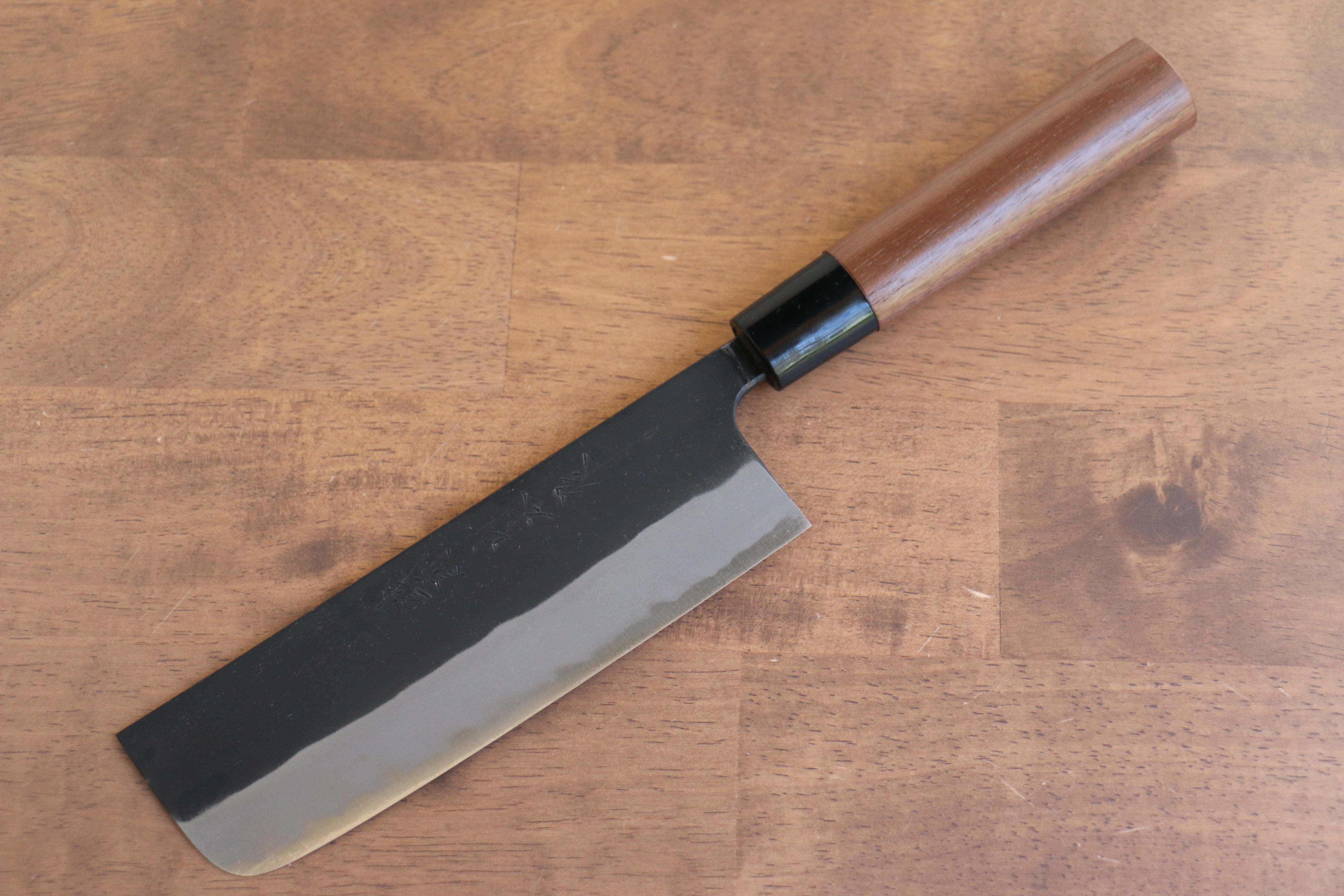 Premium Nao Yamamoto Blue Steel Kurouchi Nakiri Knife 165mm - Japanese Walnut Handle - Perfect for Slicing Vegetables & Herbs in Professional & Home Kitchens