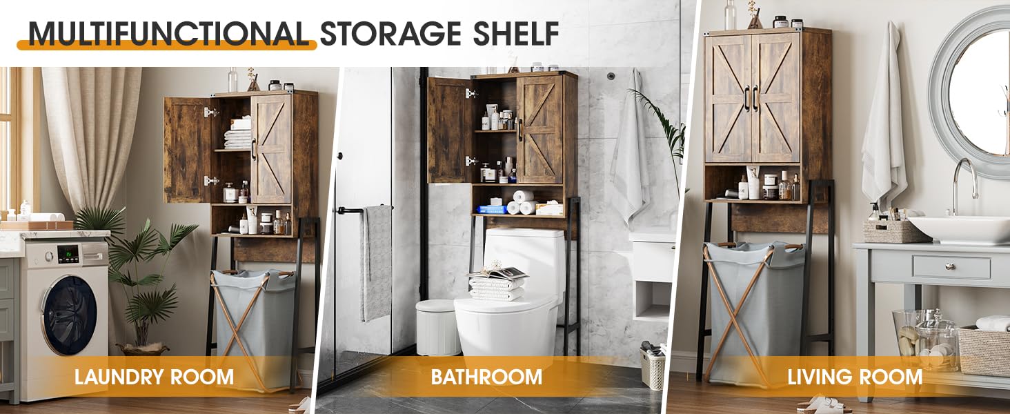 2-Door Over The Toilet Storage Cabinet with Shelves - Bathroom Organizer with Anti-Tip Device for Bathroom, Restroom & Laundry - Brown - Perfect for Small Space Organization and Extra Storage