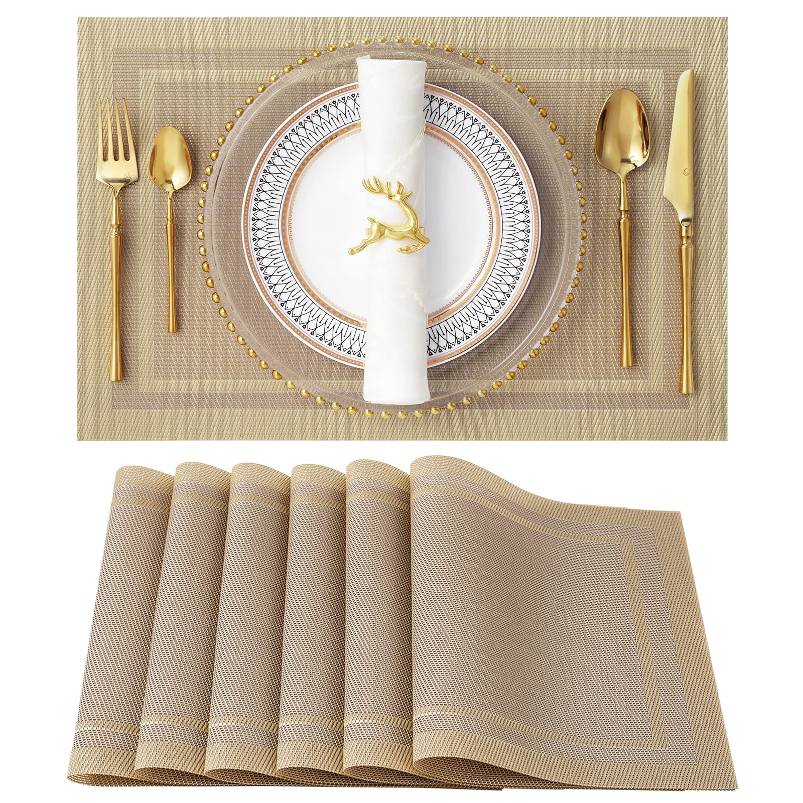 Premium SENDAY Placemats Set of 6 - Heat & Stain Resistant PVC Table Mats with Anti-Skid Backing - Durable Washable Vinyl Woven Placemats for Kitchen Dining Table - Perfect for Daily Meals, Dinner Parties & Holiday Gatherings